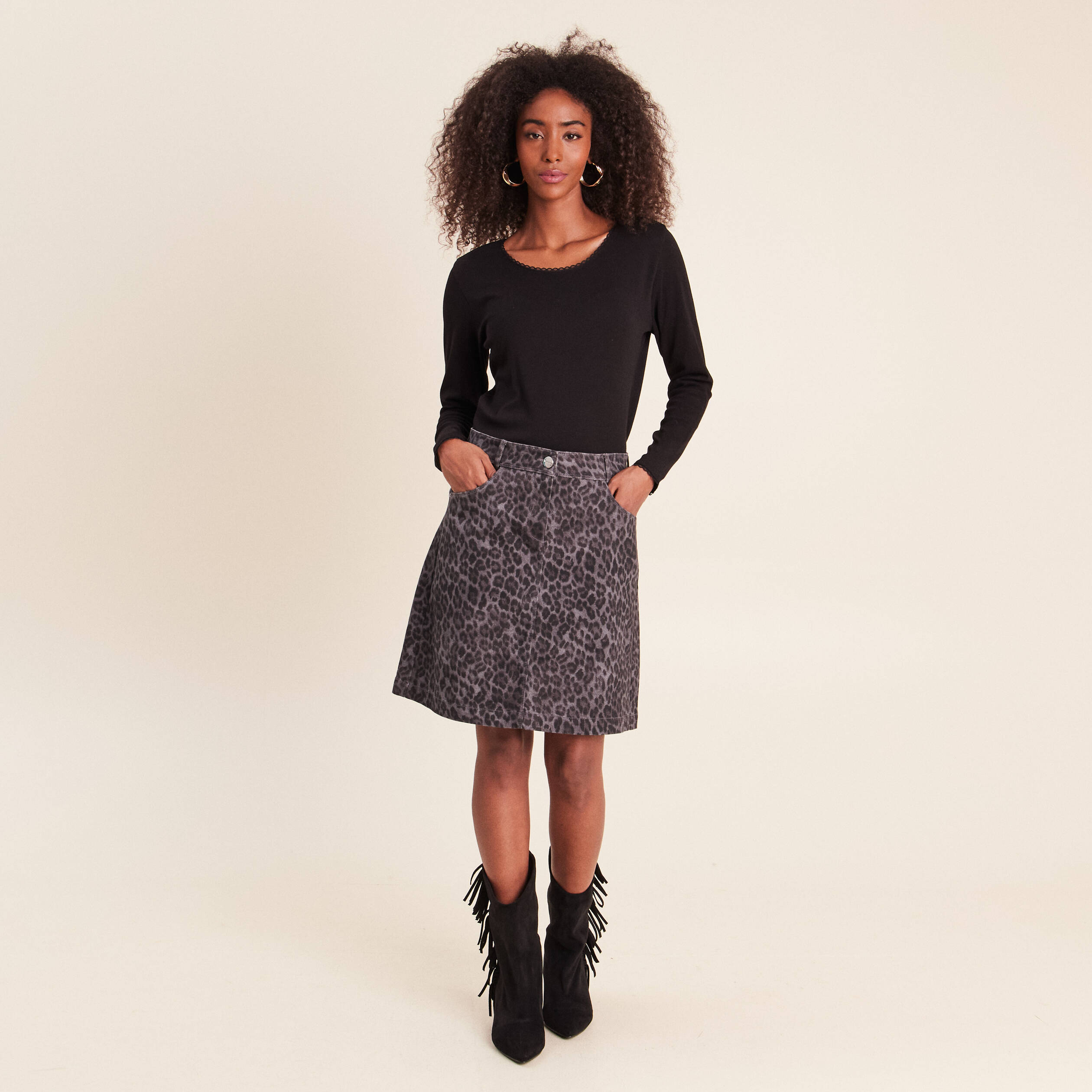 Jupe trap&egrave;ze courte gris ardoise femme