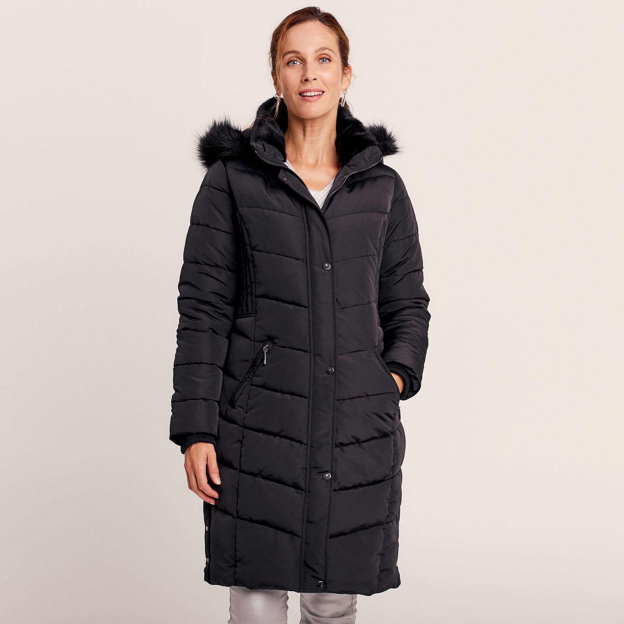 Doudoune longue à capuche noir femme