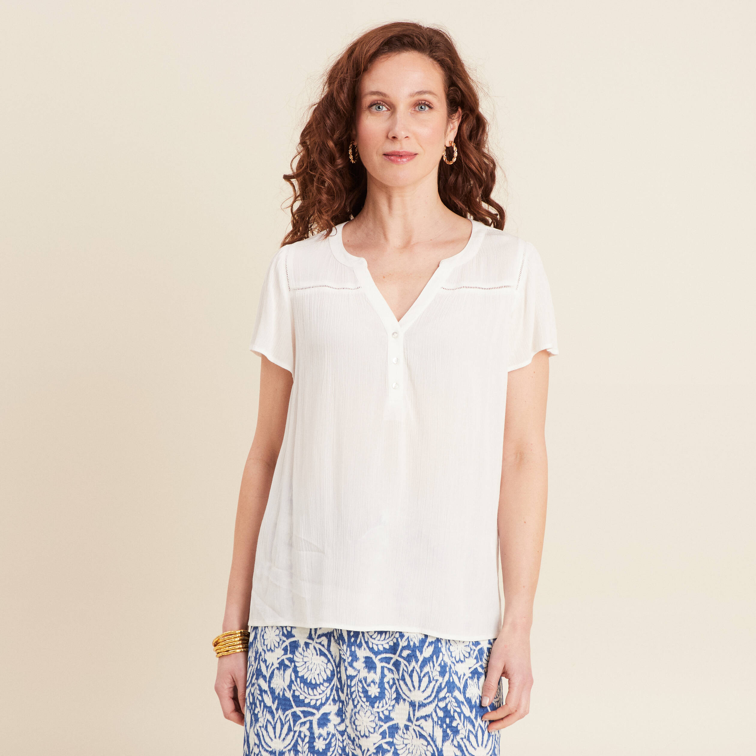 Blouse manches courtes ecru femme