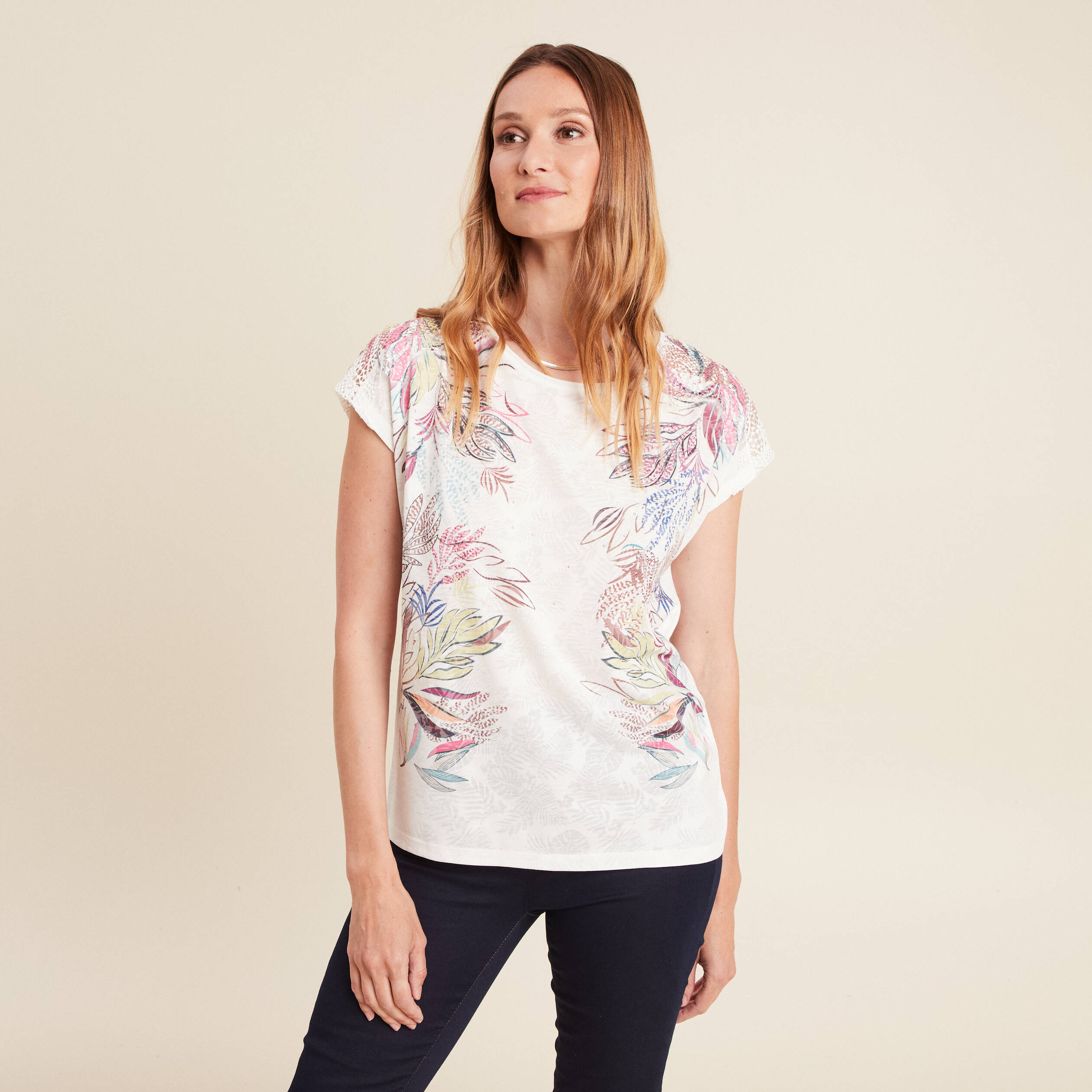 t shirt col rond manches courtes ecru femme T-shirt col rond manches courtes ecru femme