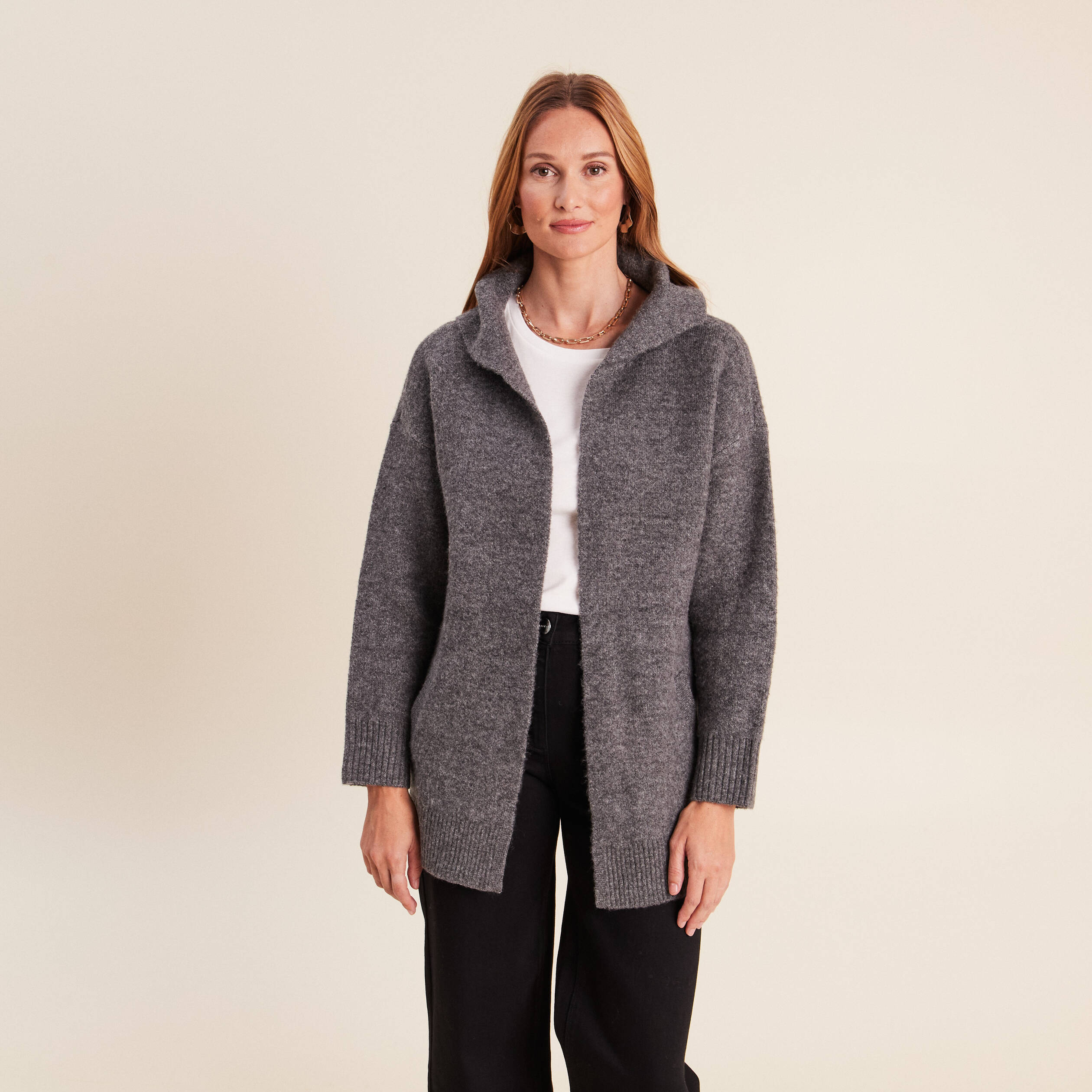 Gilet droit long gris fonc&eacute; femme