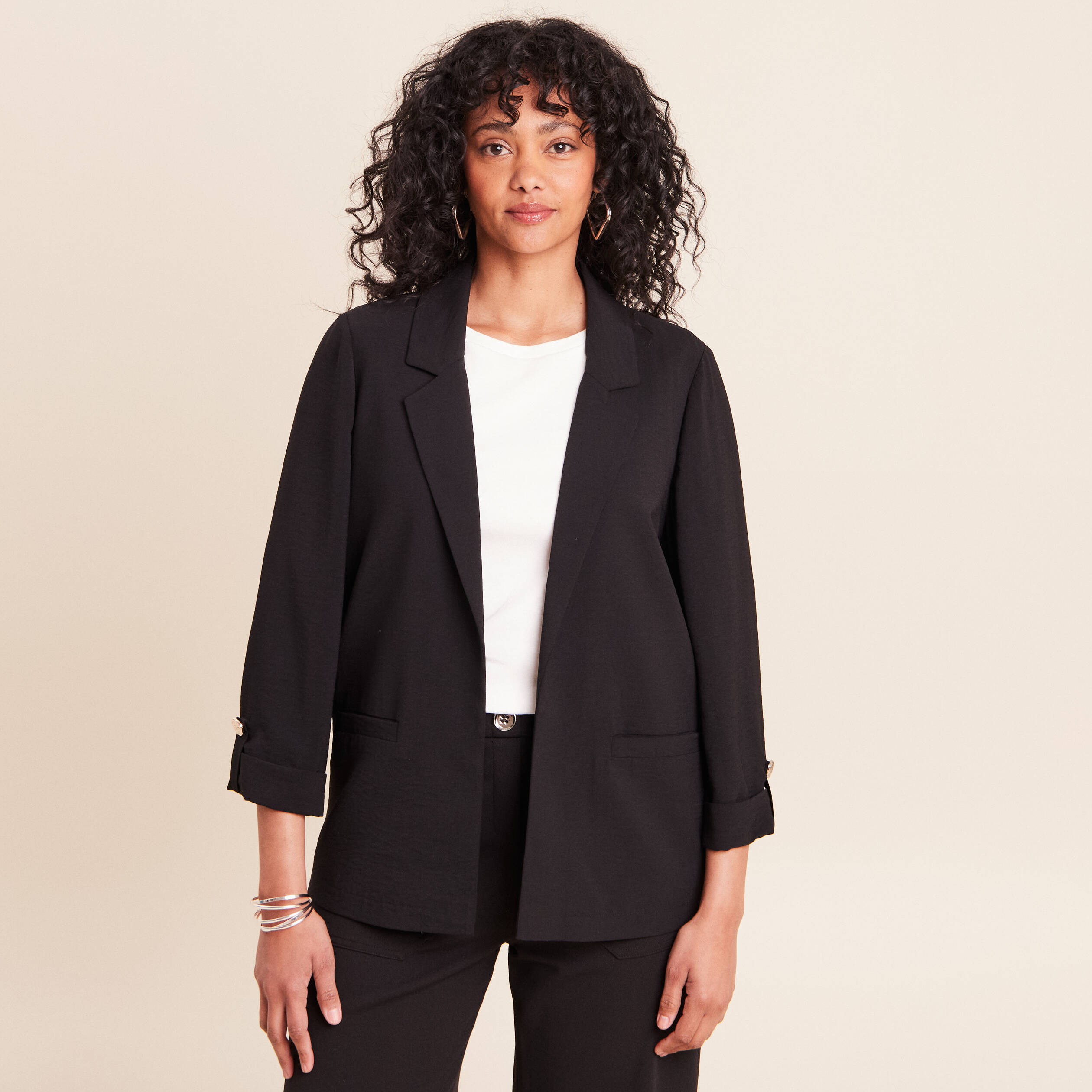 Veste longue droite col tailleur noir femme