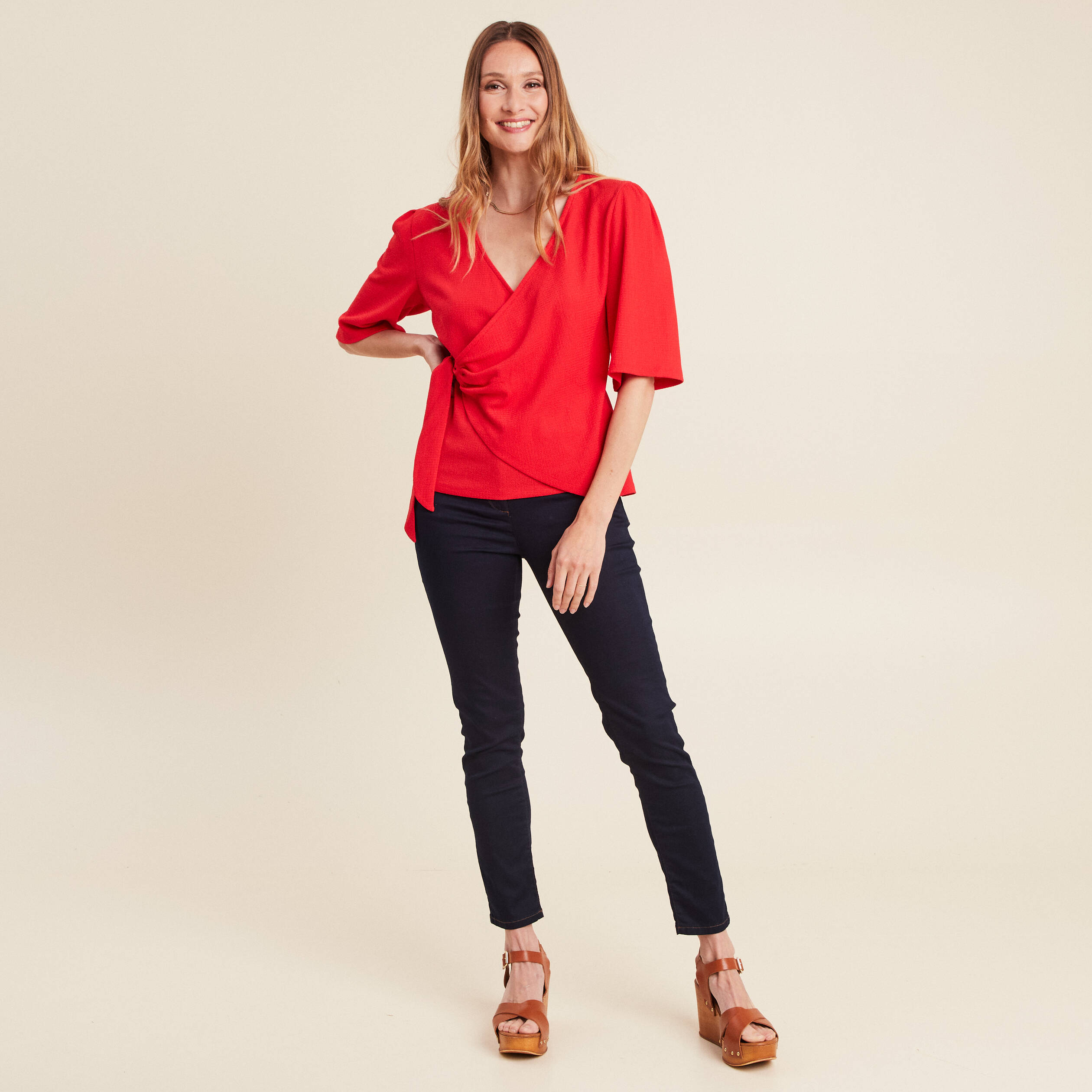 blouse col v manches coude rouge femme Blouse col V manches coude rouge femme