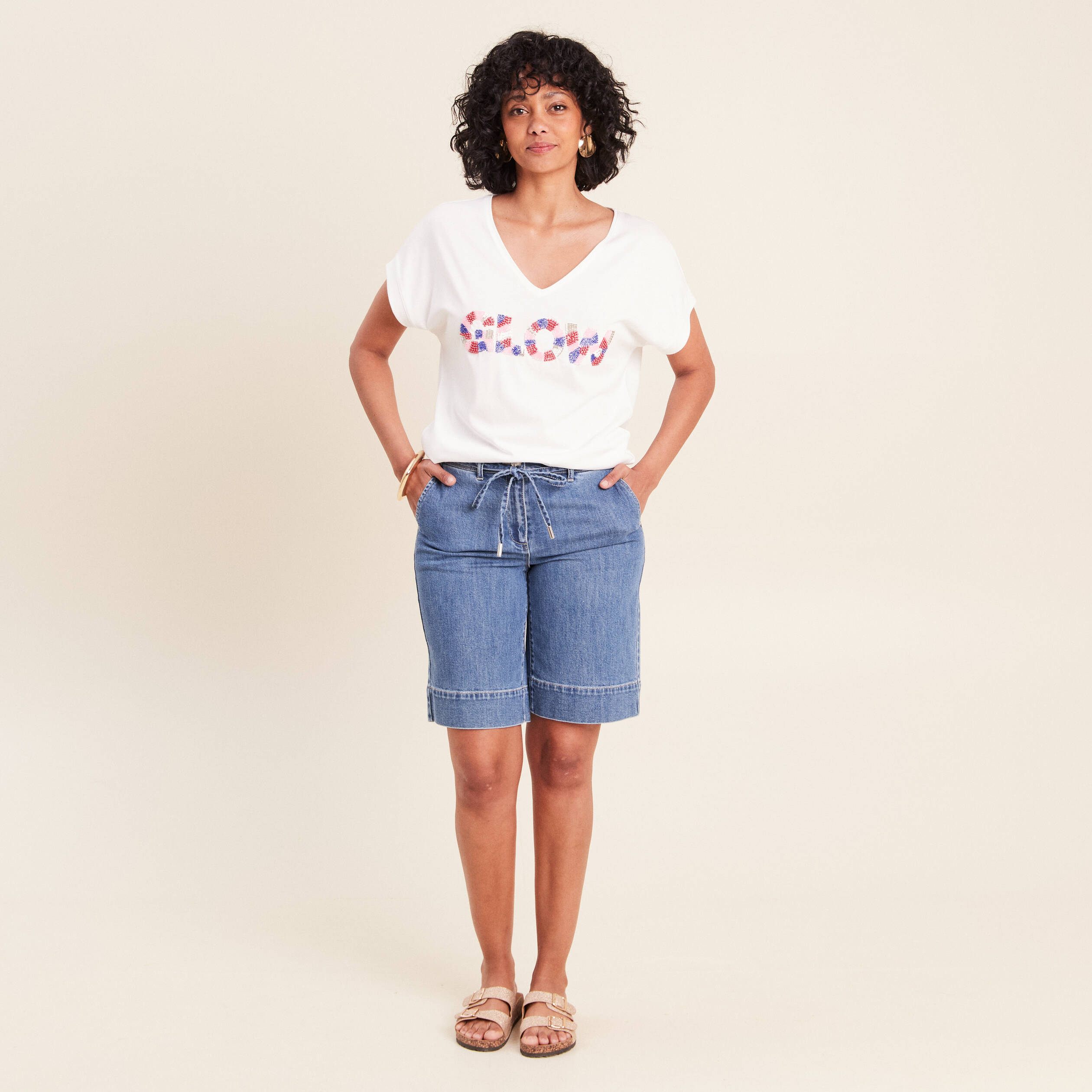 T-shirt col v manches courtes ecru femme