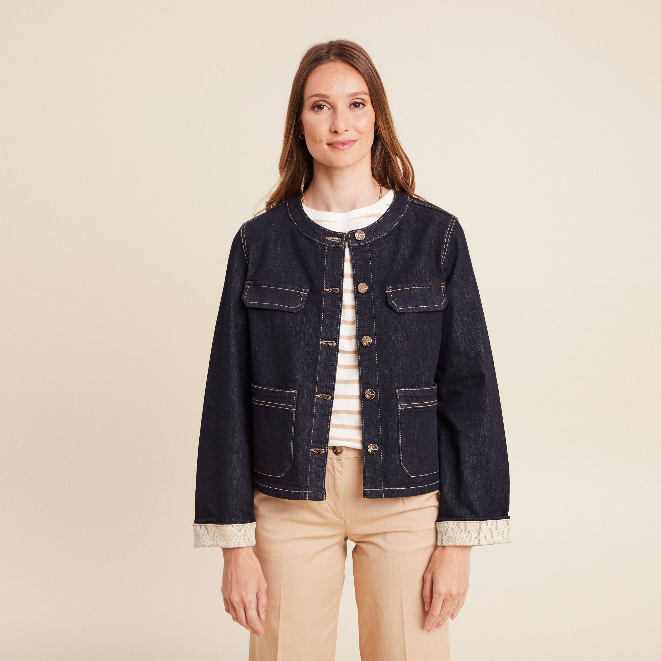 Veste sans col denim brut femme