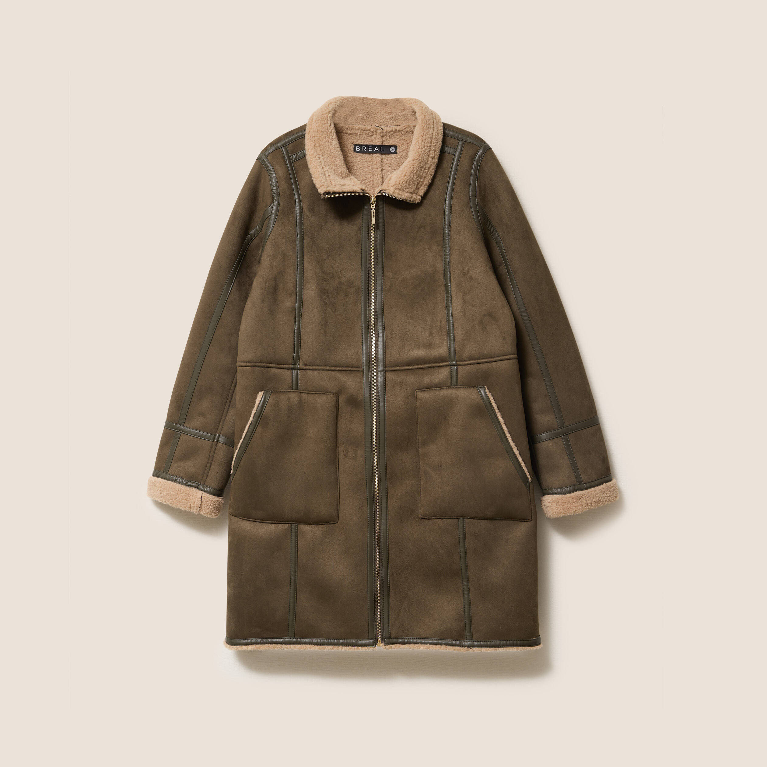 Manteau cintr&eacute; mi-long vert kaki femme