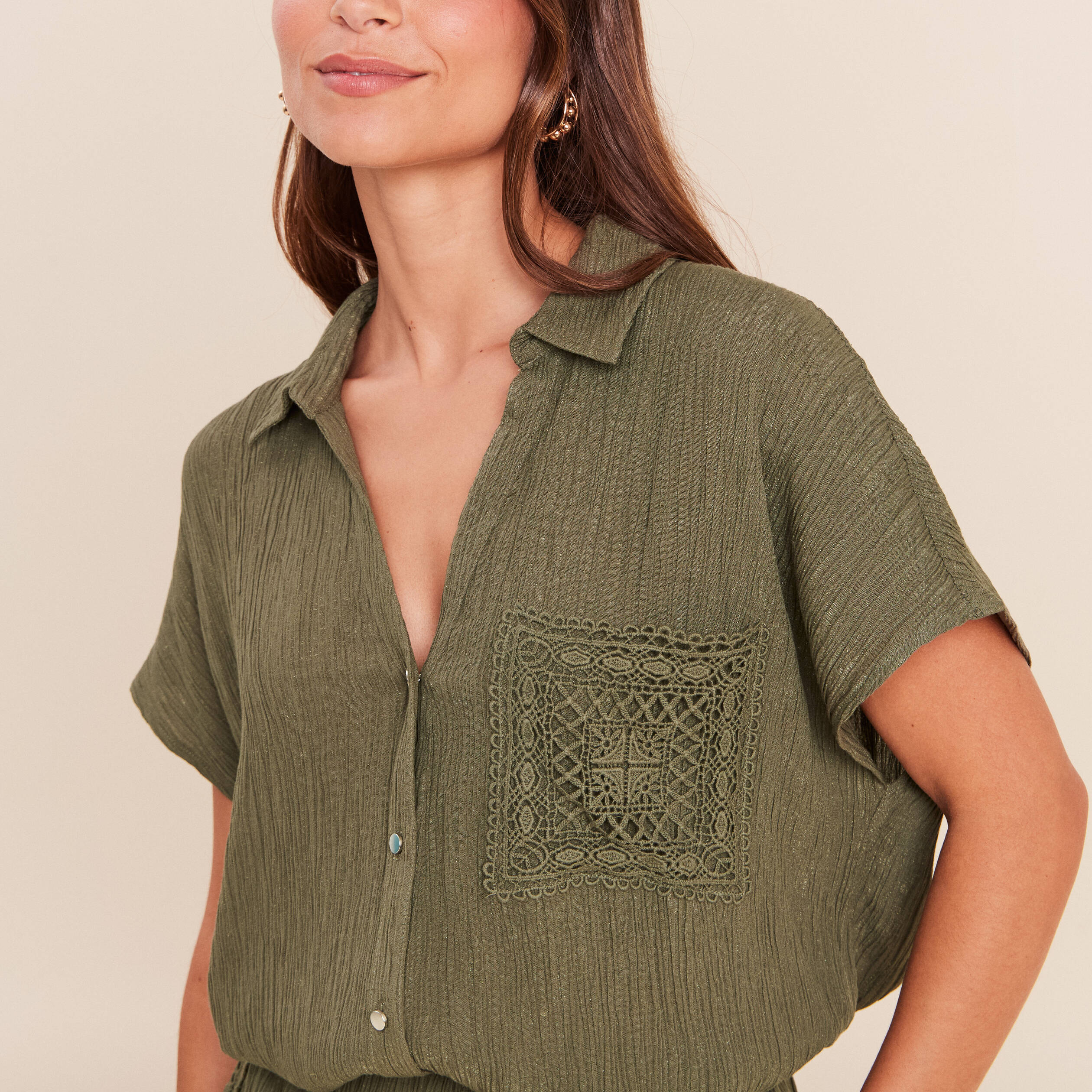 Chemise ample courte manches courtes vert kaki femme