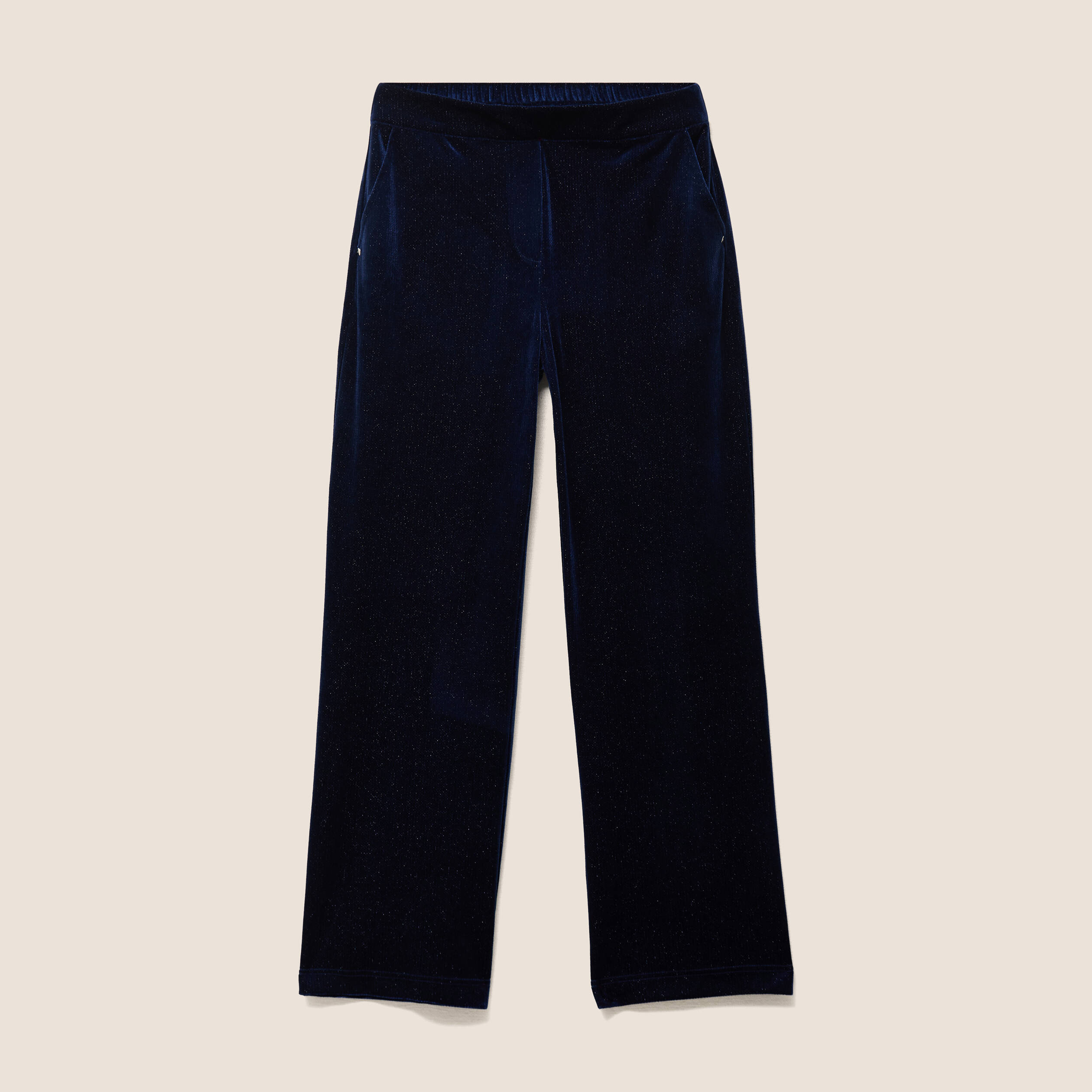 Pantalon large taille haute &agrave; paillettes bleu fonc&eacute; femme