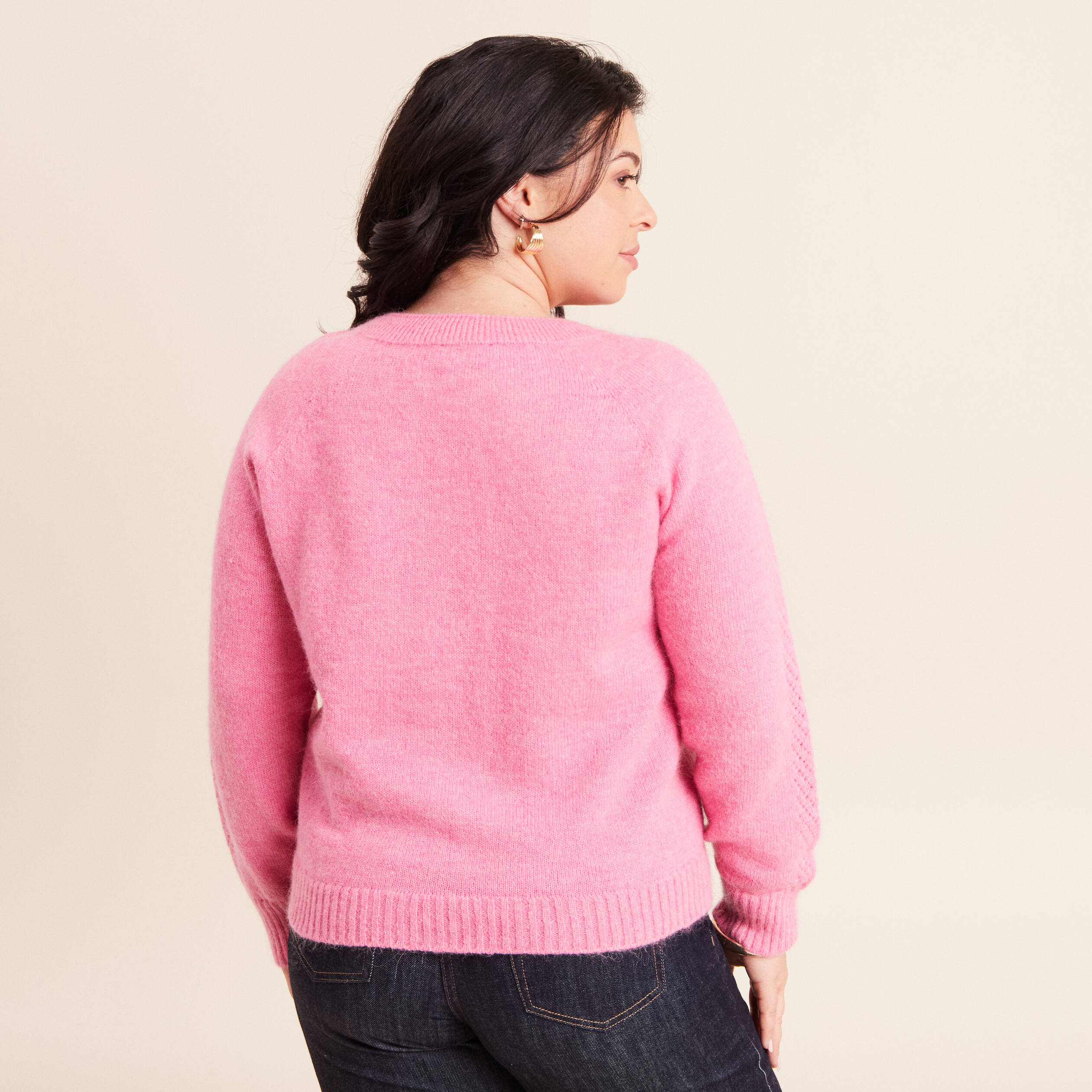 Gilet manches longues col rond rose fushia femme