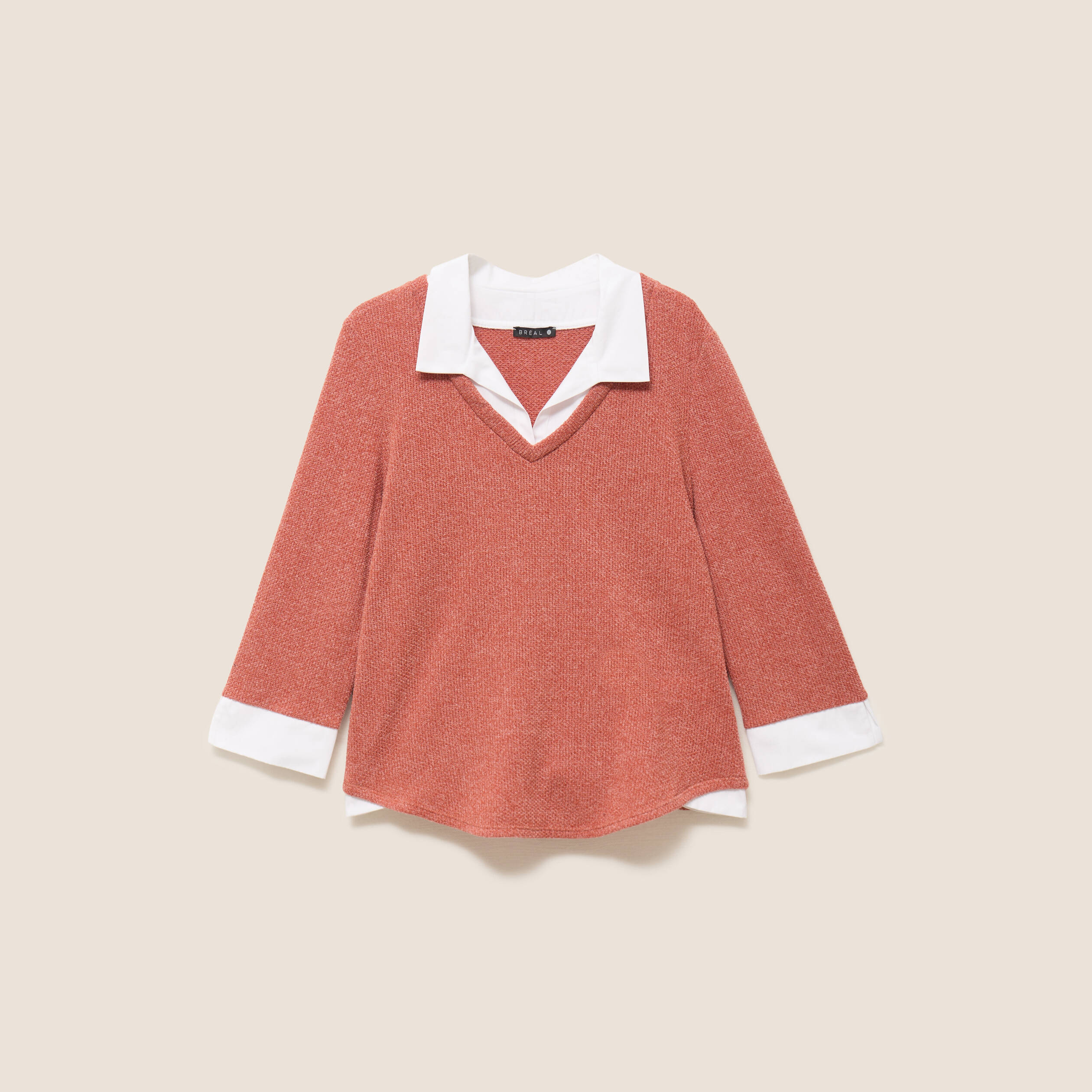 T-shirt col chemise manches 3/4 vieux rose femme