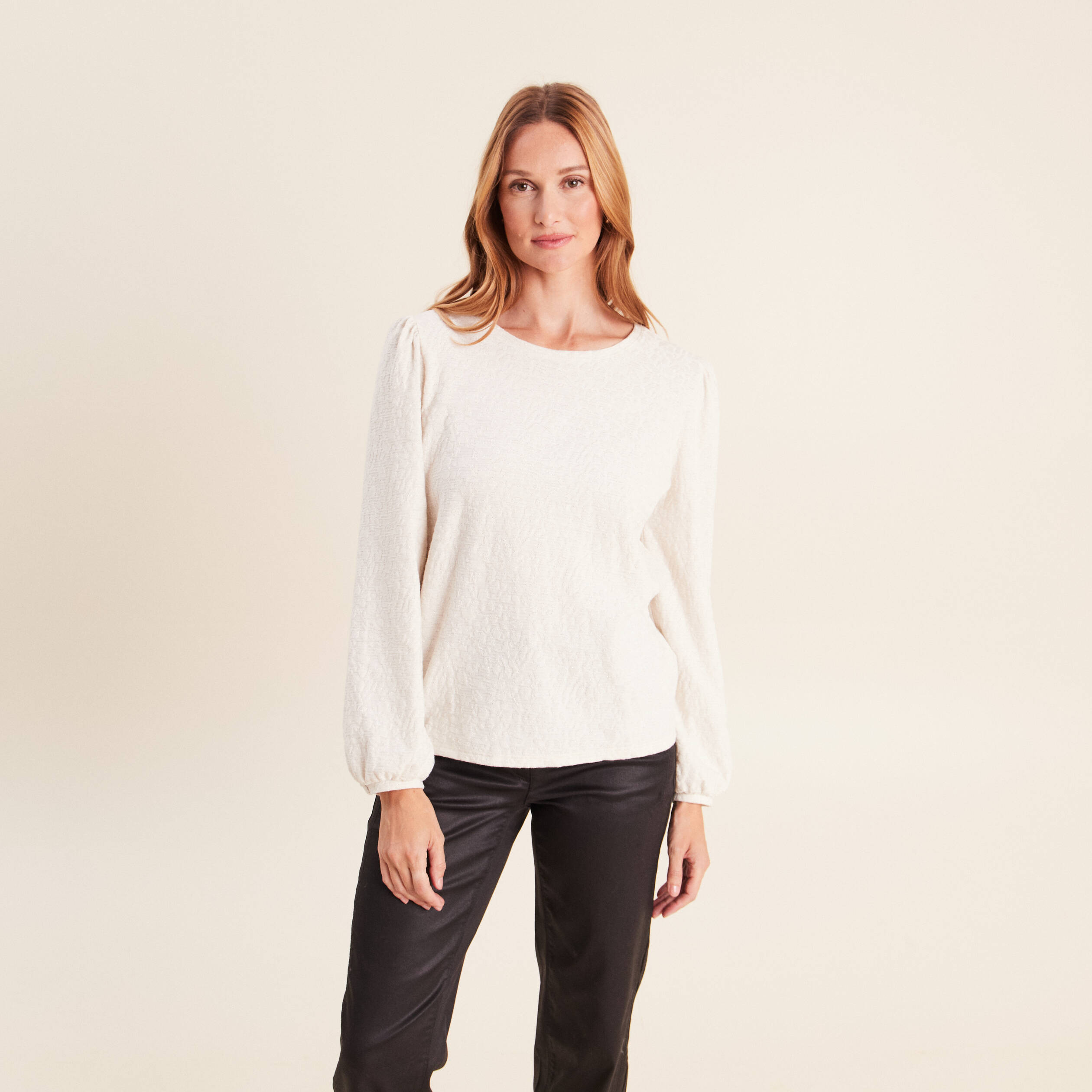 Blouse col rond manches longues ivoire femme