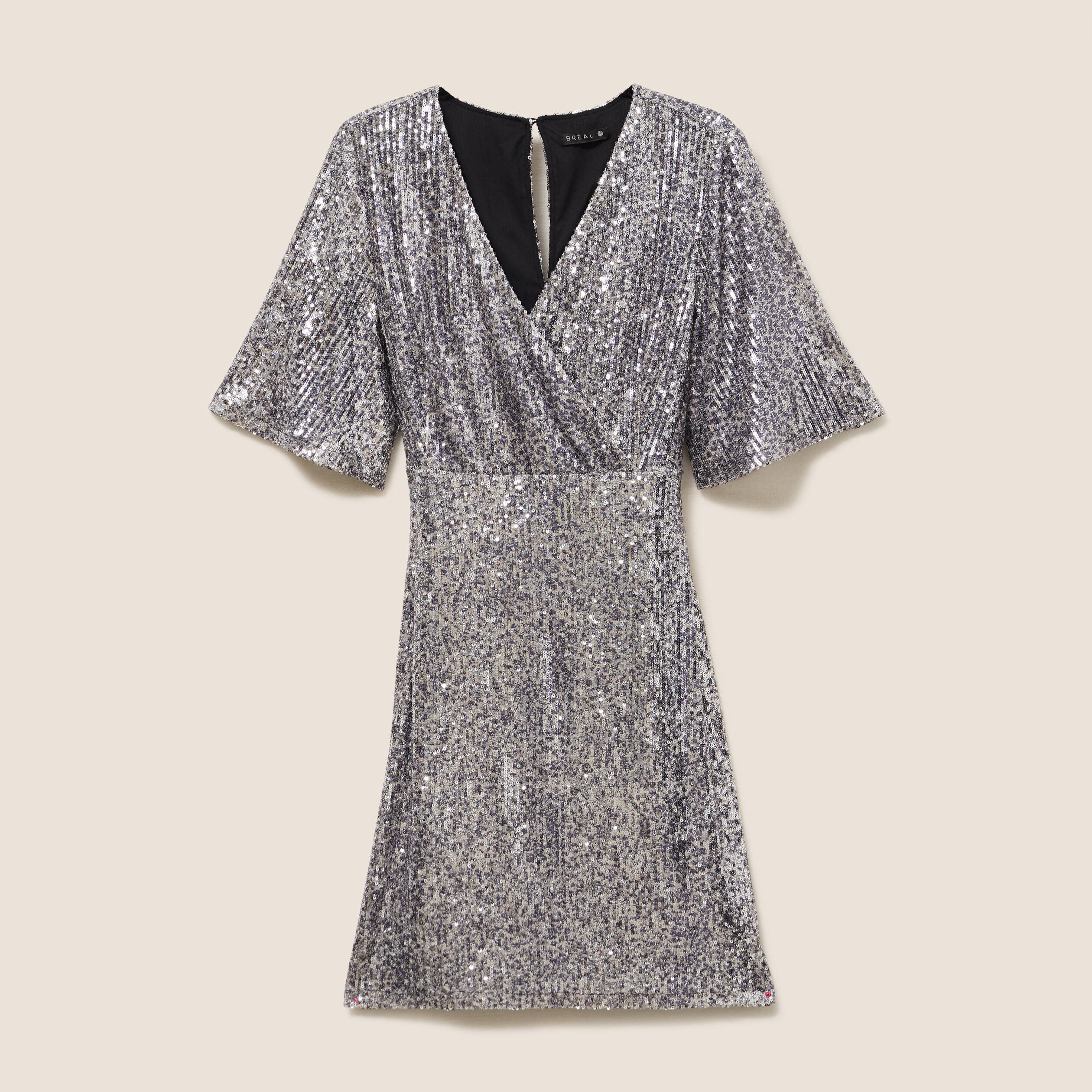 Robe ajust&eacute;e courte col v strass gris argent femme