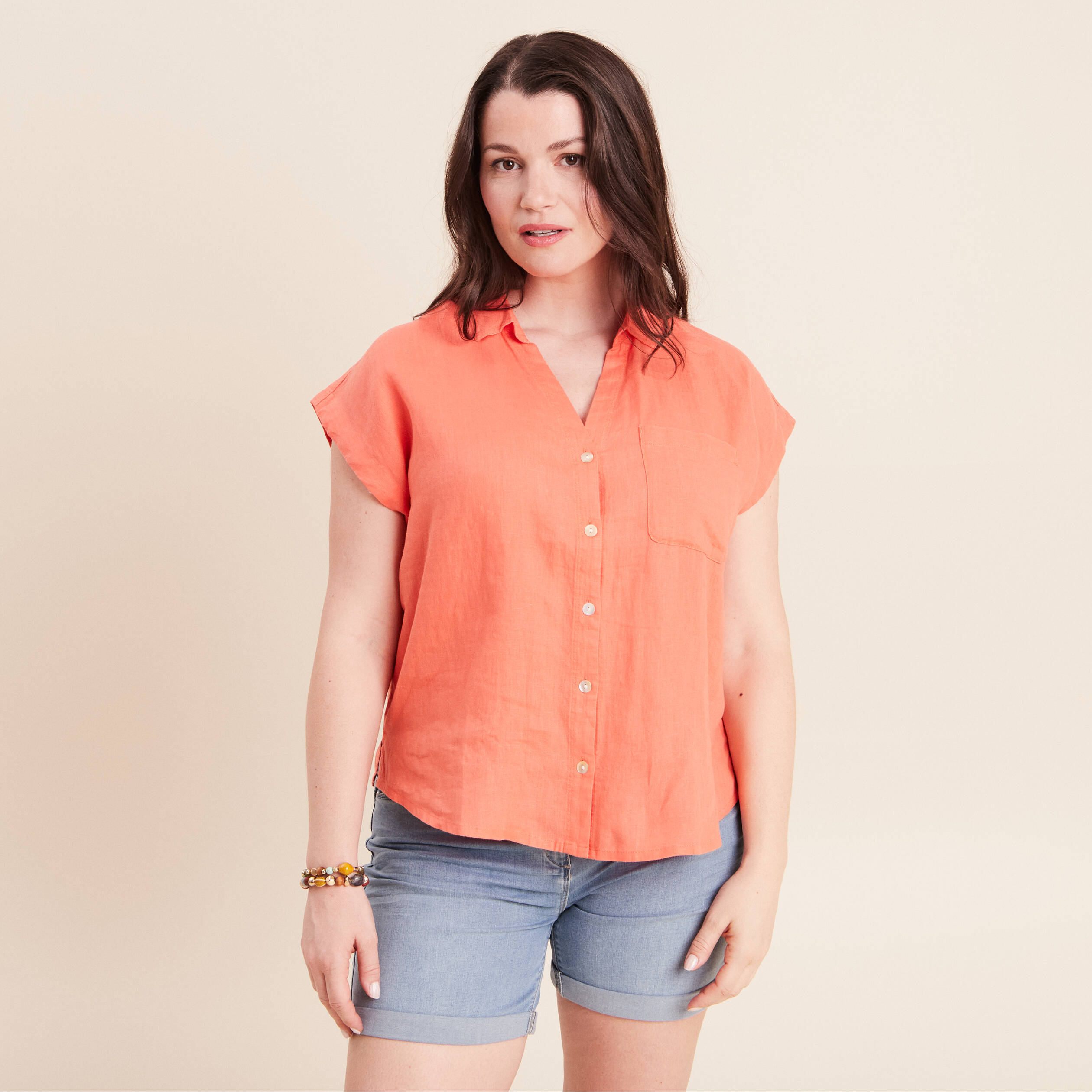 Chemise ample manches courtes aspect lin orange fluo femme