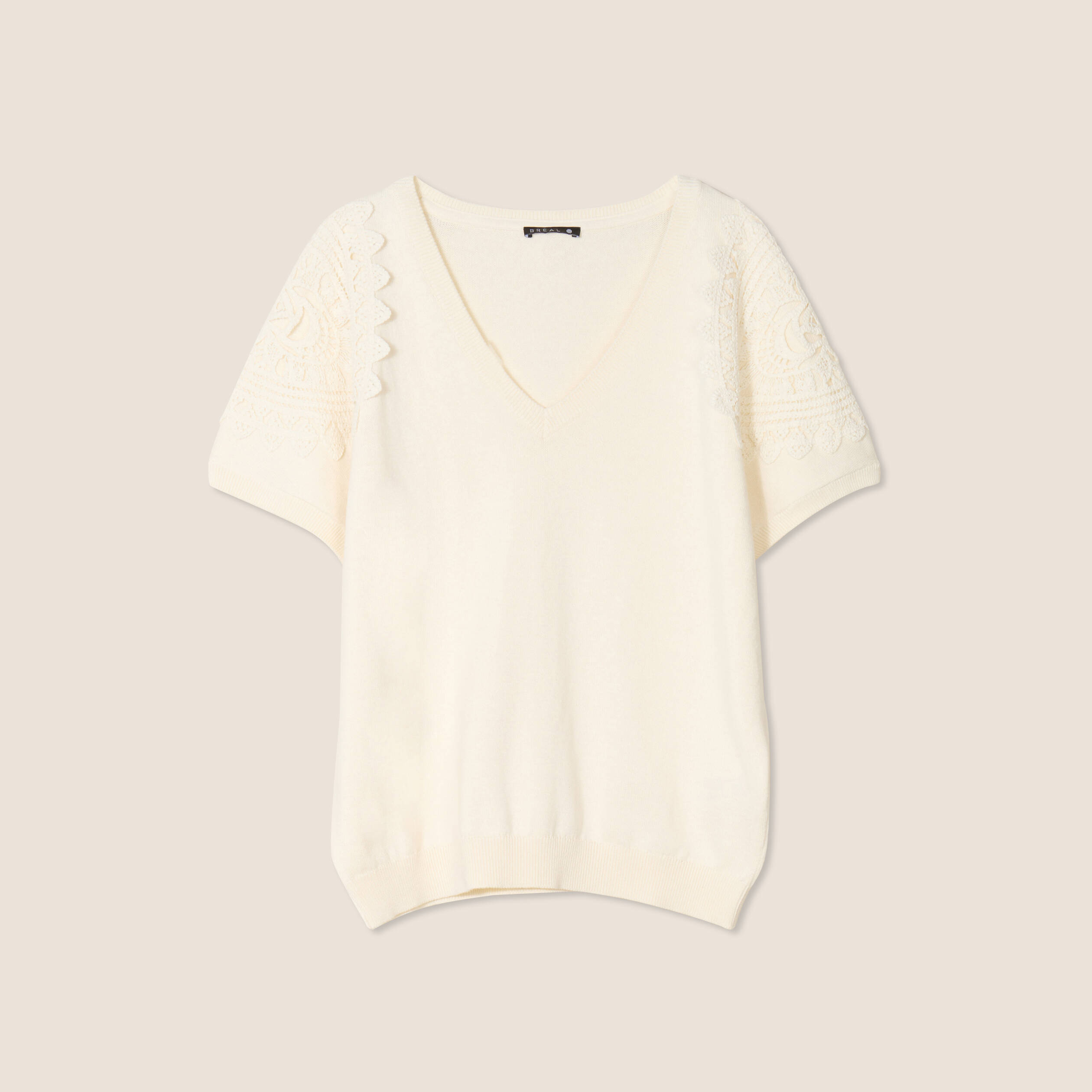 Pull col V manches courtes ecru femme