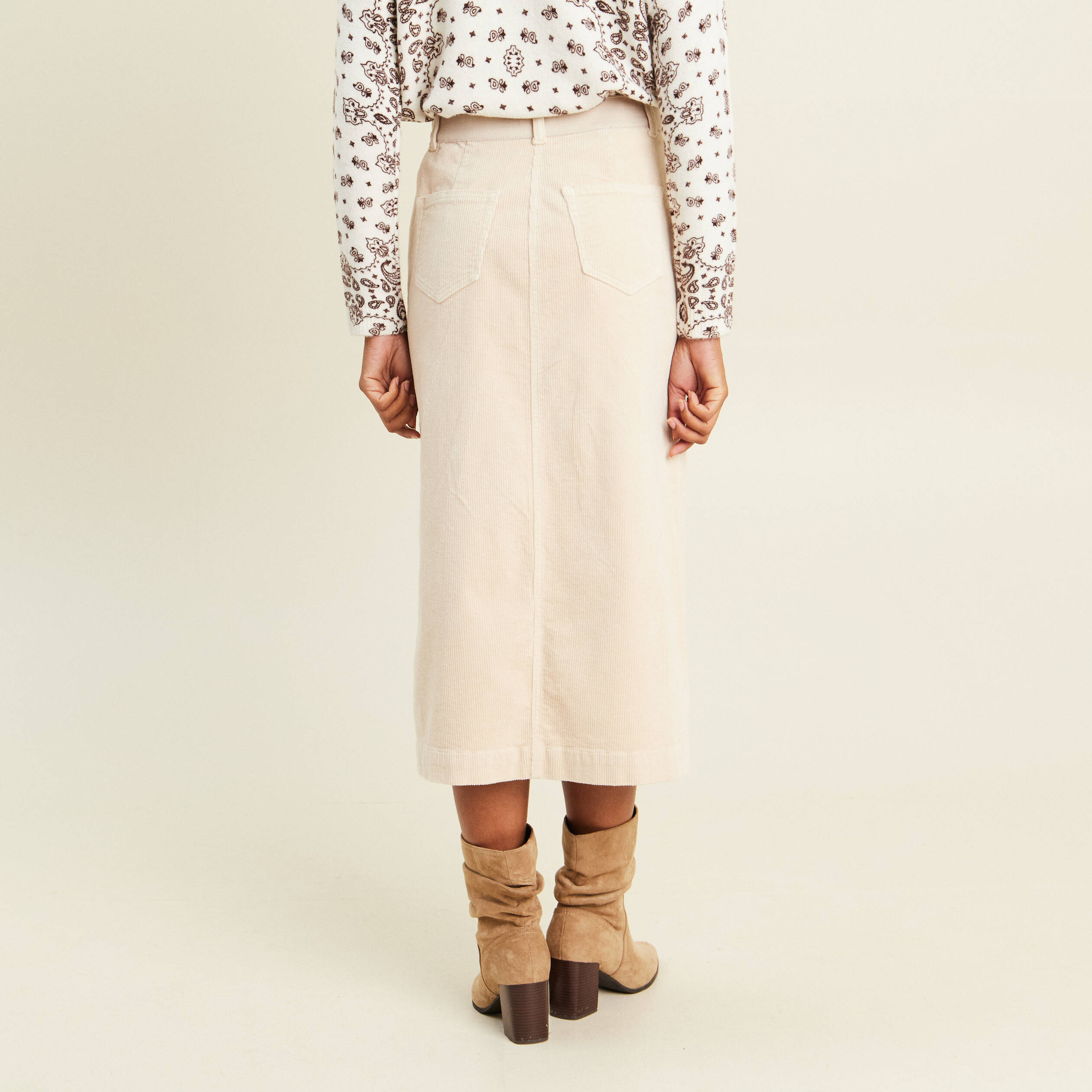 Jupe droite longue en velours sable femme