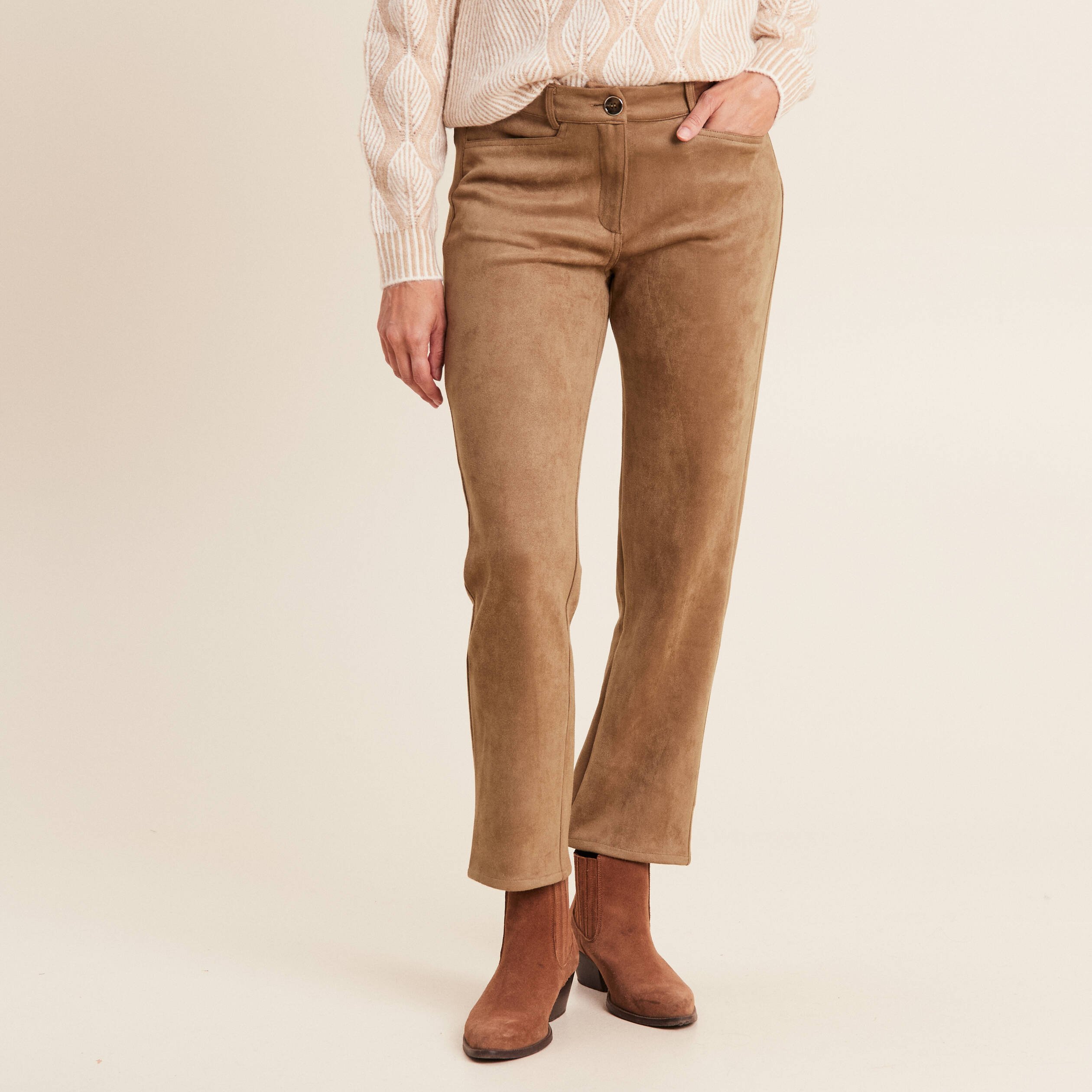 Pantalon droit suedine 7 8eme marron femme Vibs