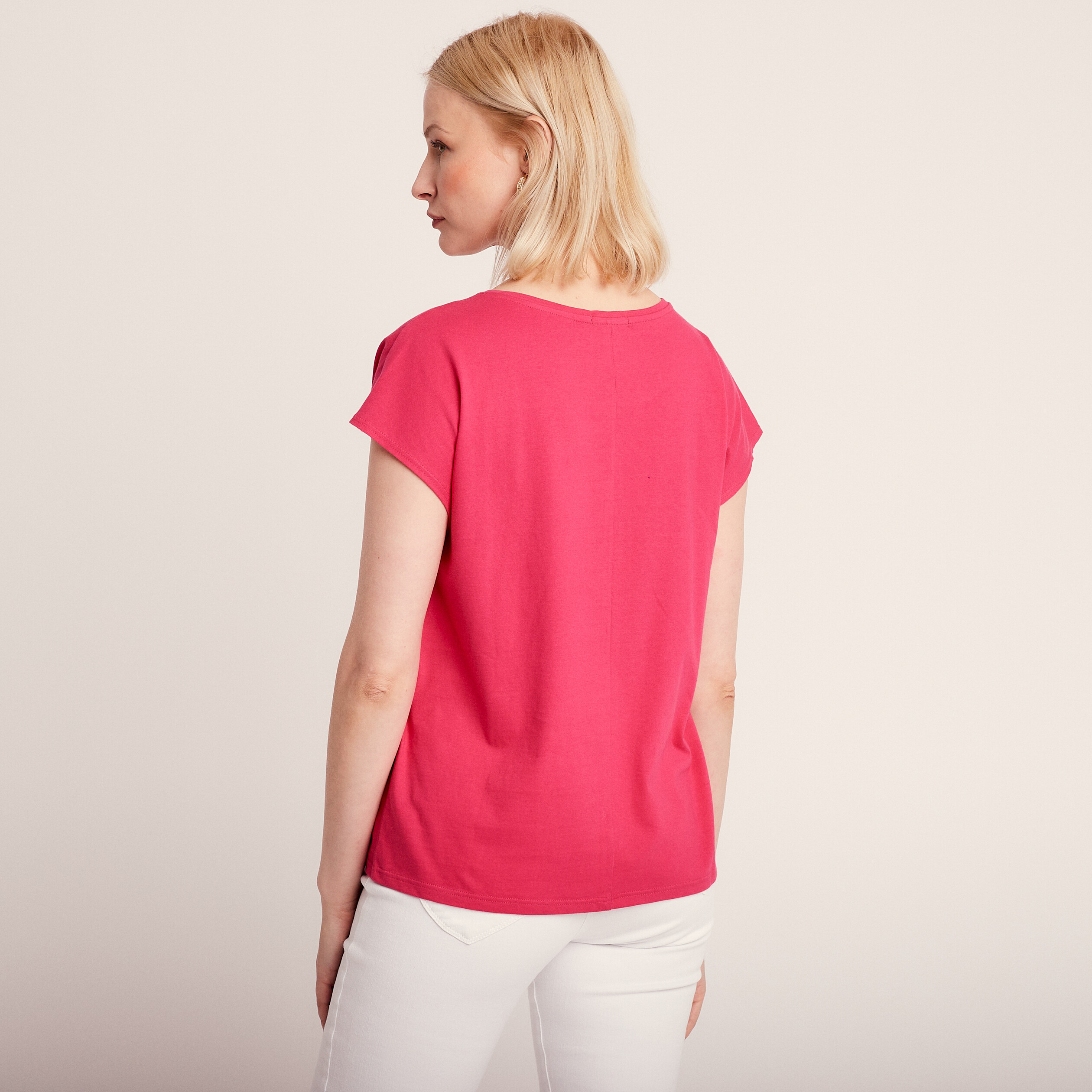 T-shirt manches courtes brodé rose framboise femme
