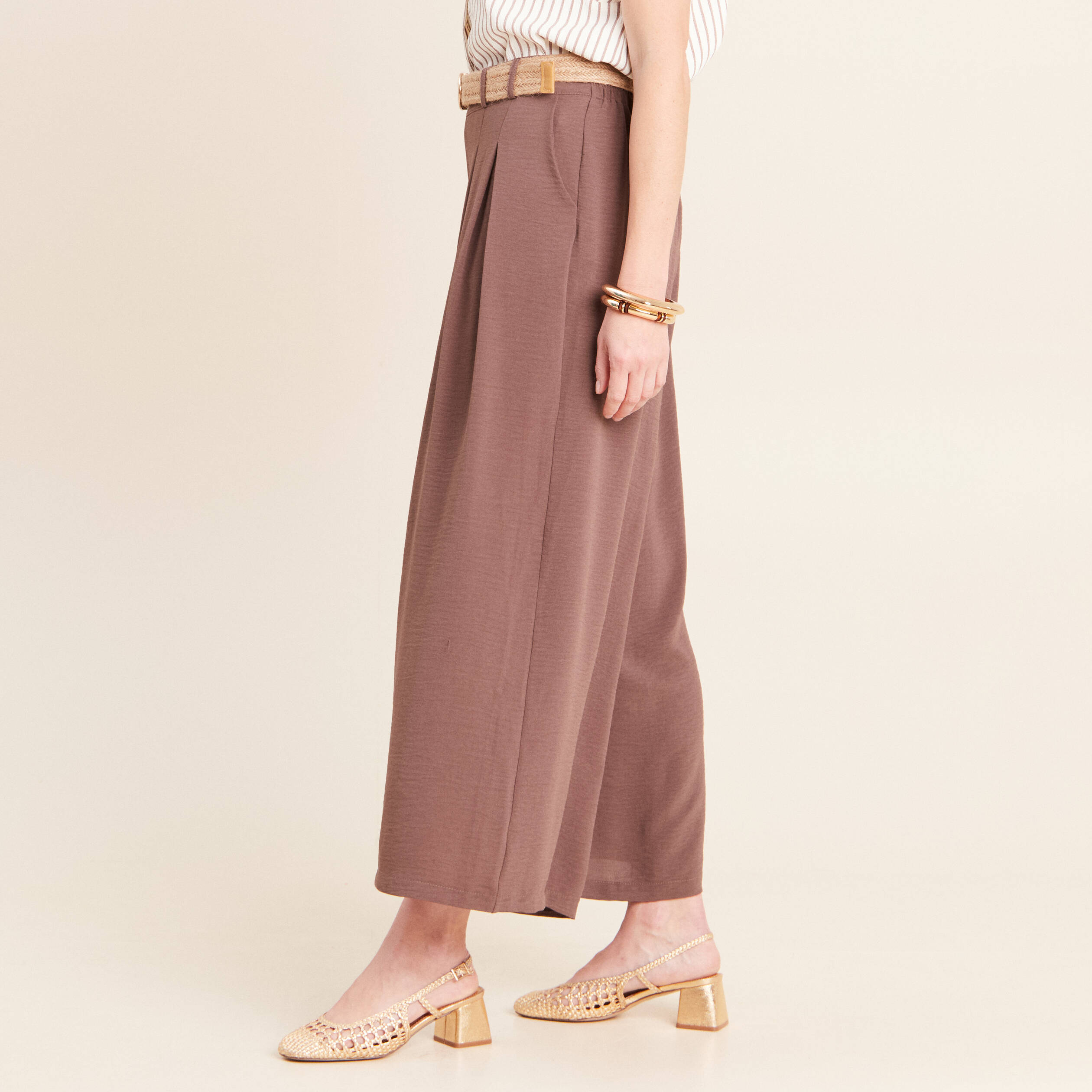 Pantalon jupe-culotte large marron femme