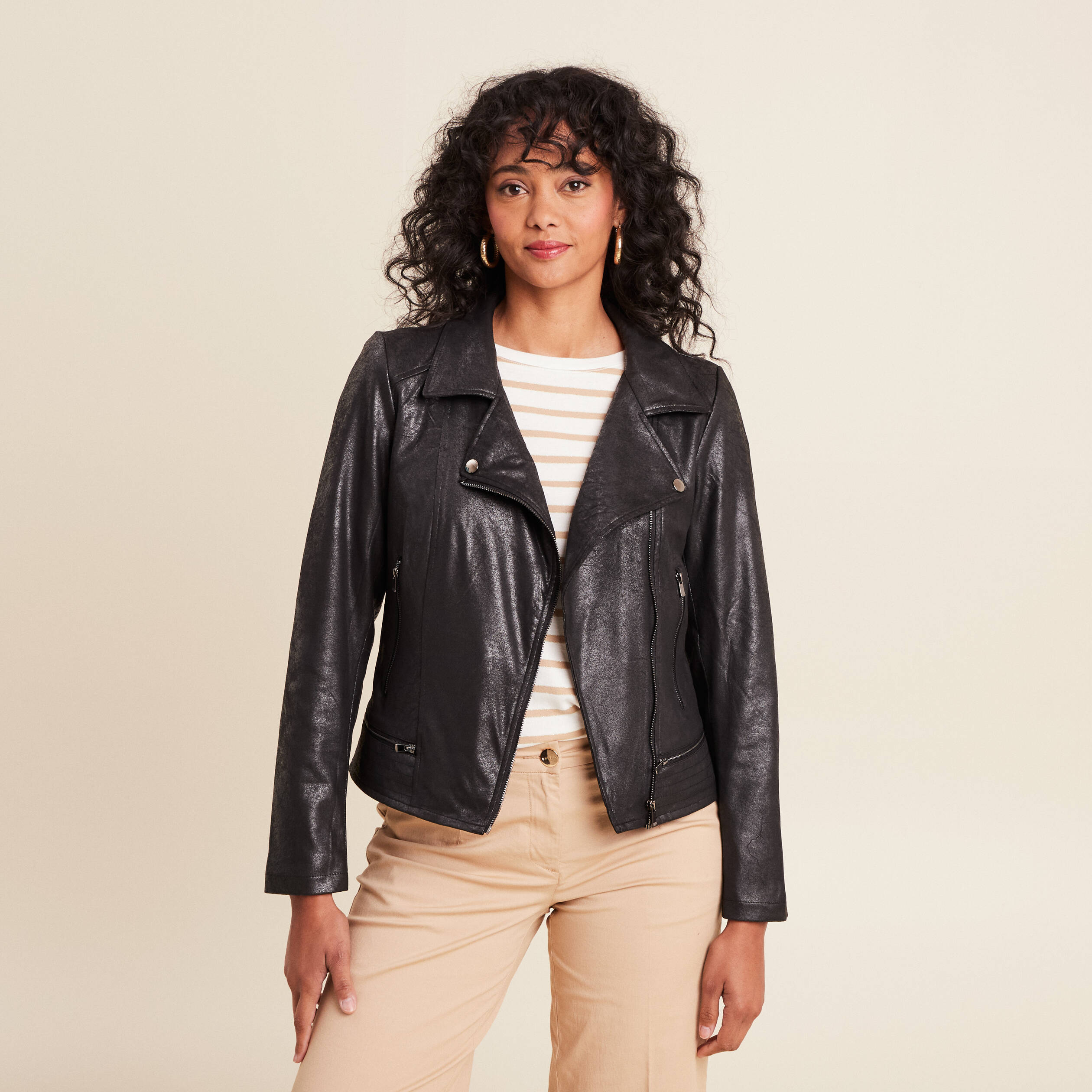 Veste esprit motard zipp&eacute;e noir femme