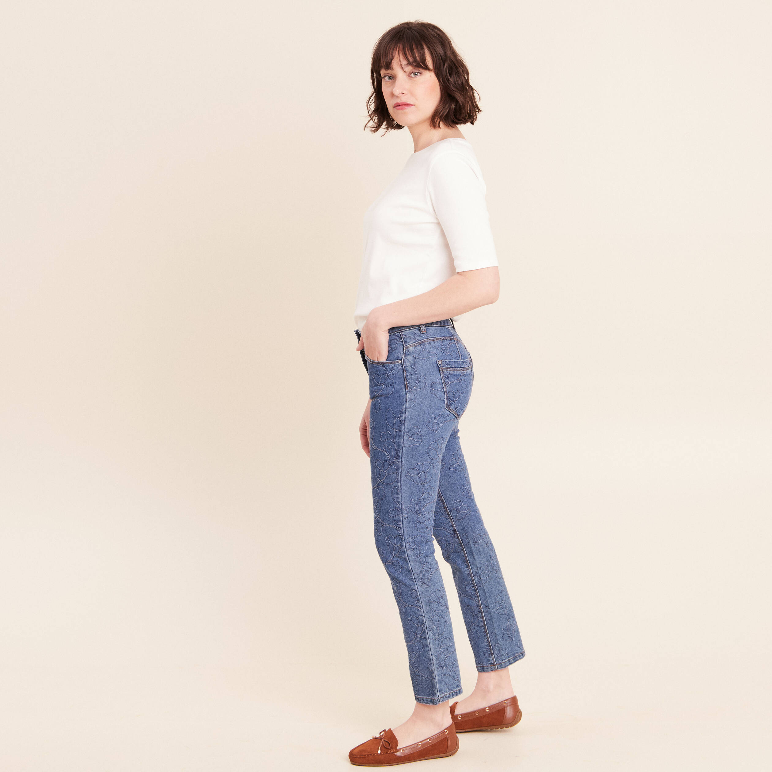 Jean coupe droite 7/8&egrave;me taille bascul&eacute;e bleu femme