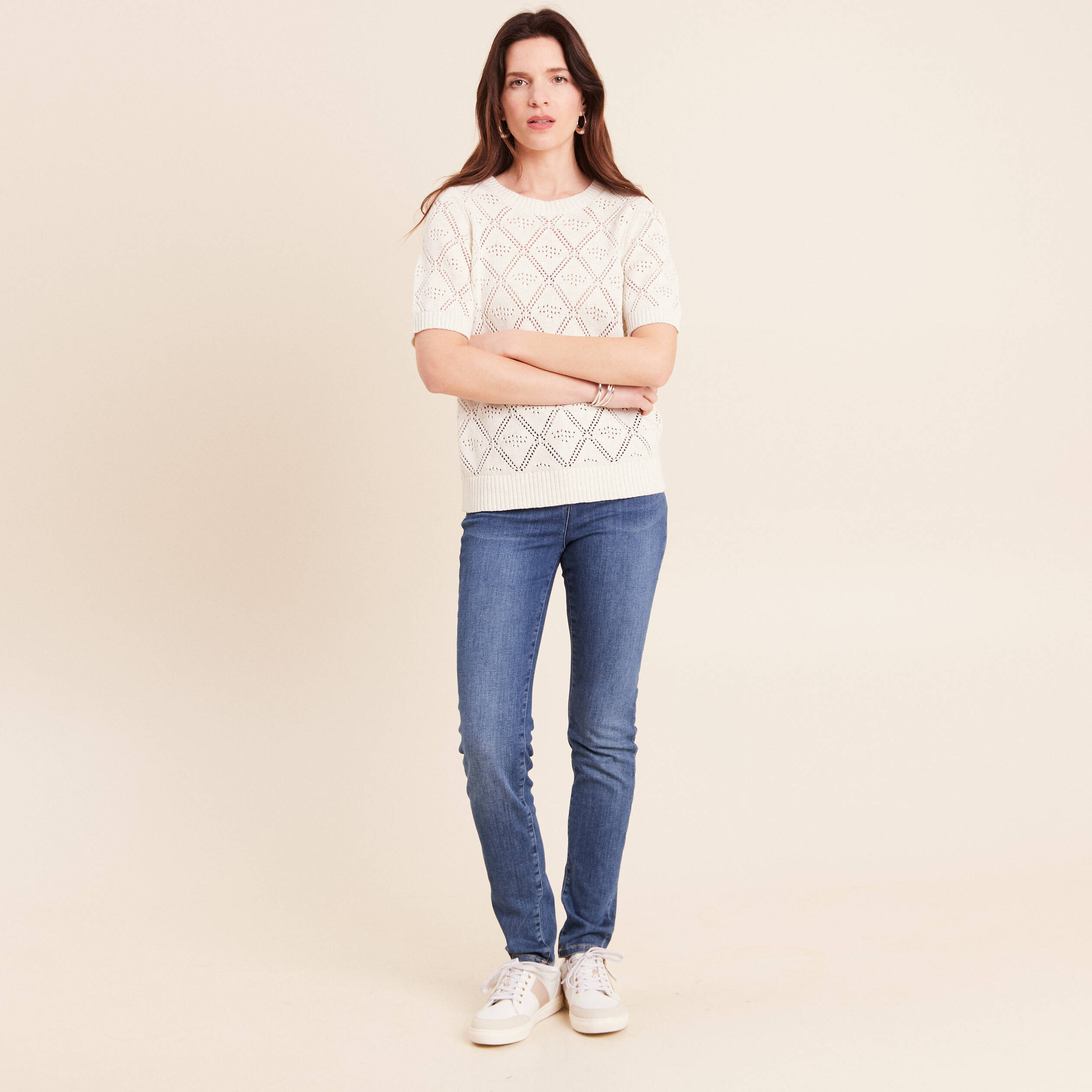 Pull droit court manches courtes ecru femme