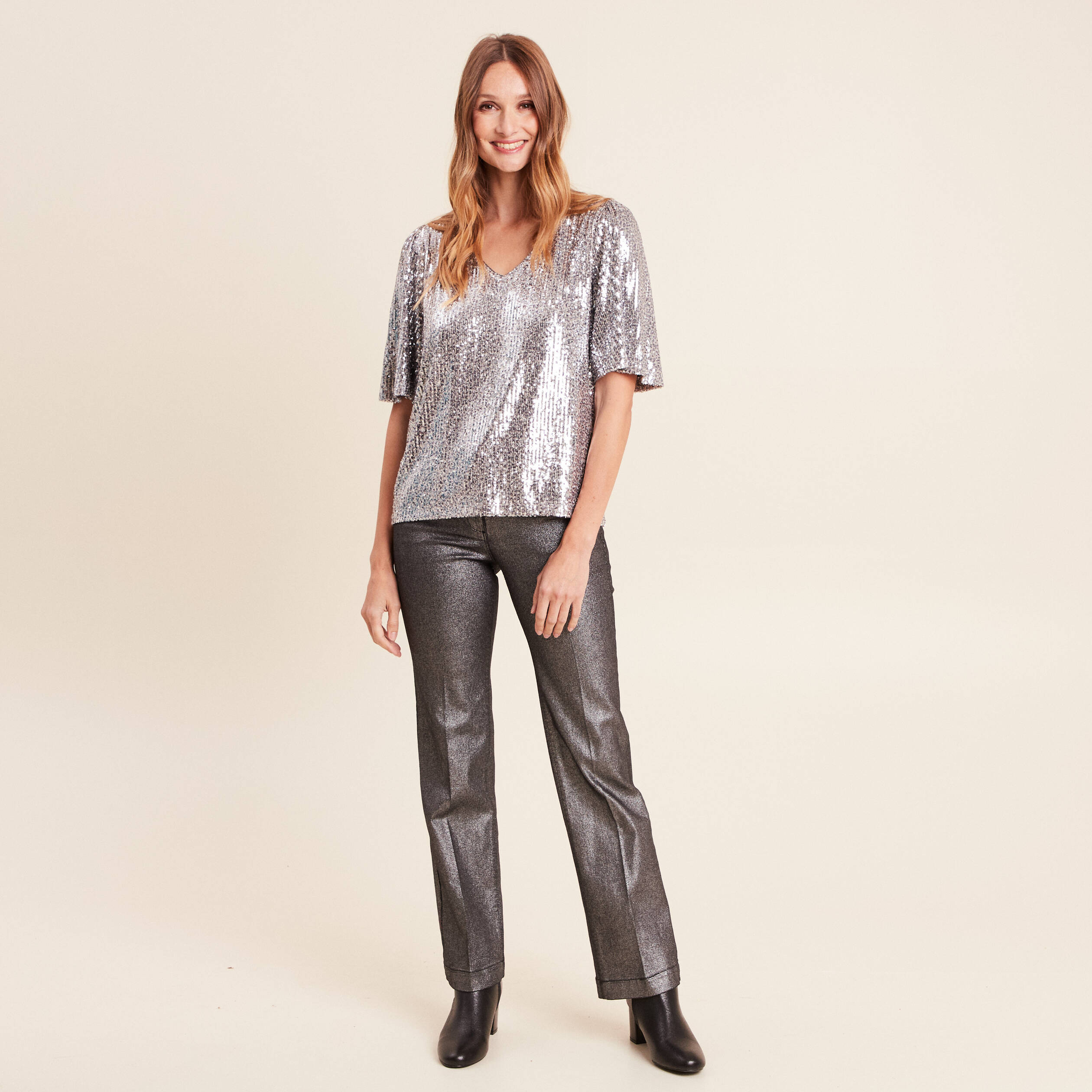 Pantalon enduit coupe large couleur argent femme