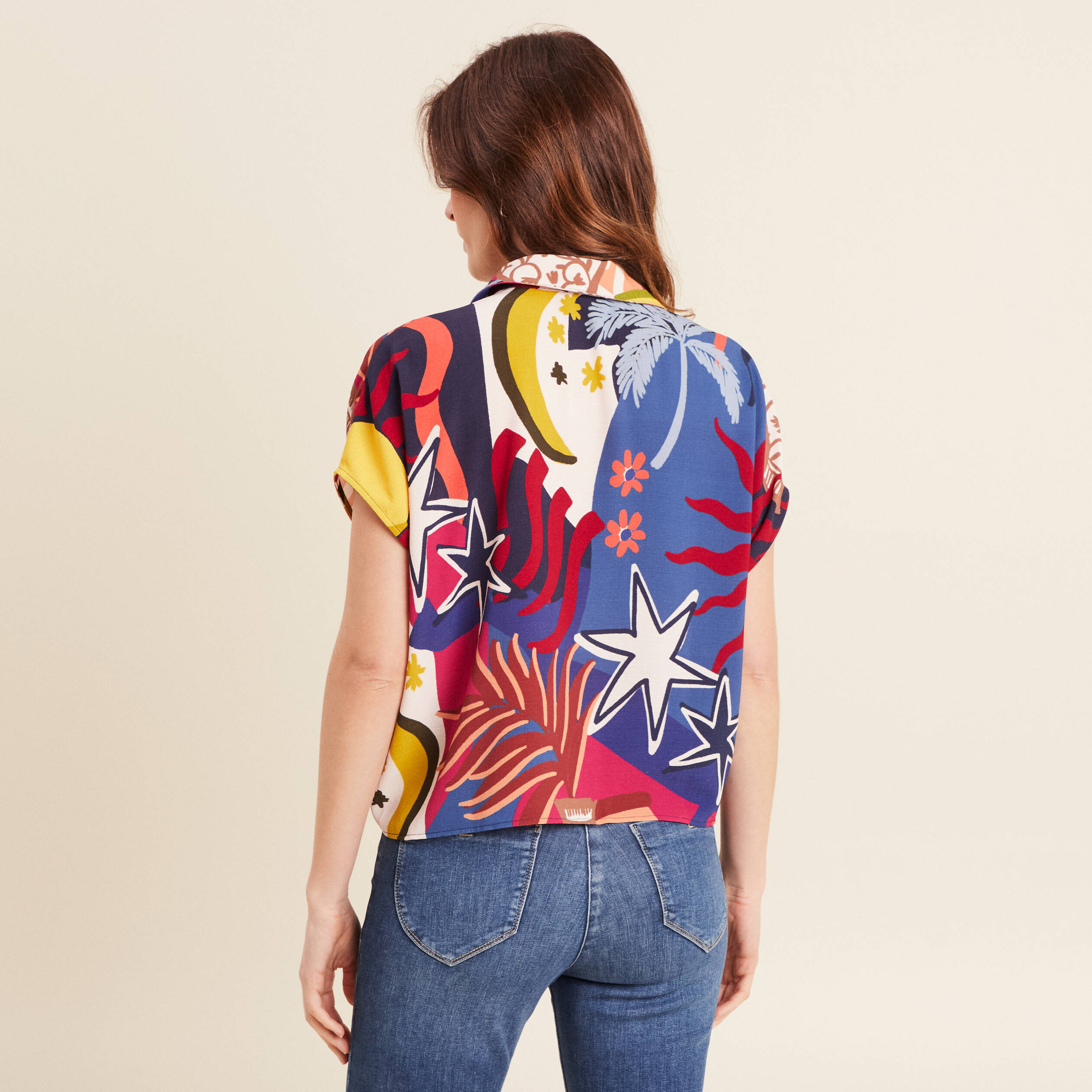 Chemise manches courtes nou&eacute;e bleu femme