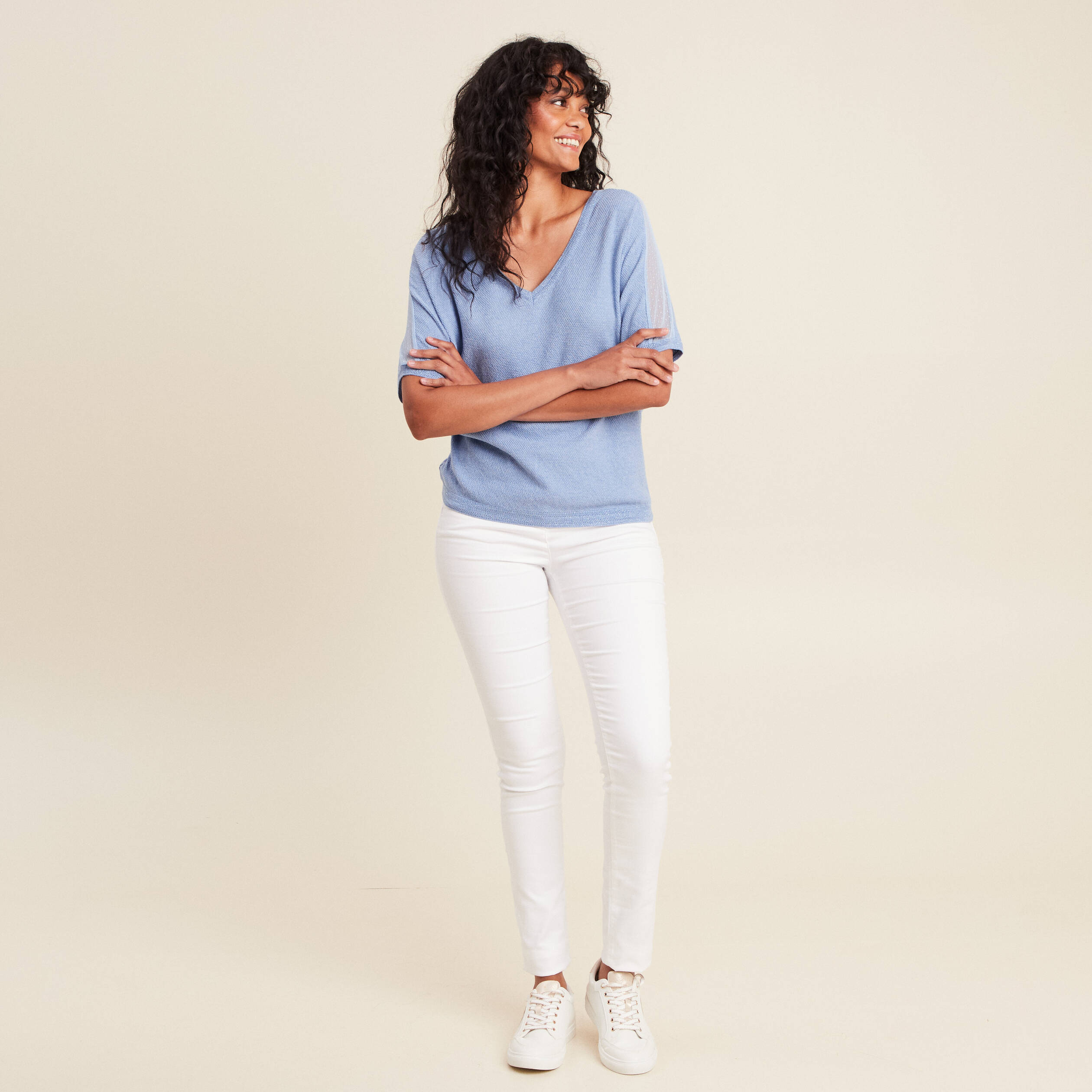 pull manches courtes plumetis bleu ciel femme Pull manches courtes plumetis bleu ciel femme