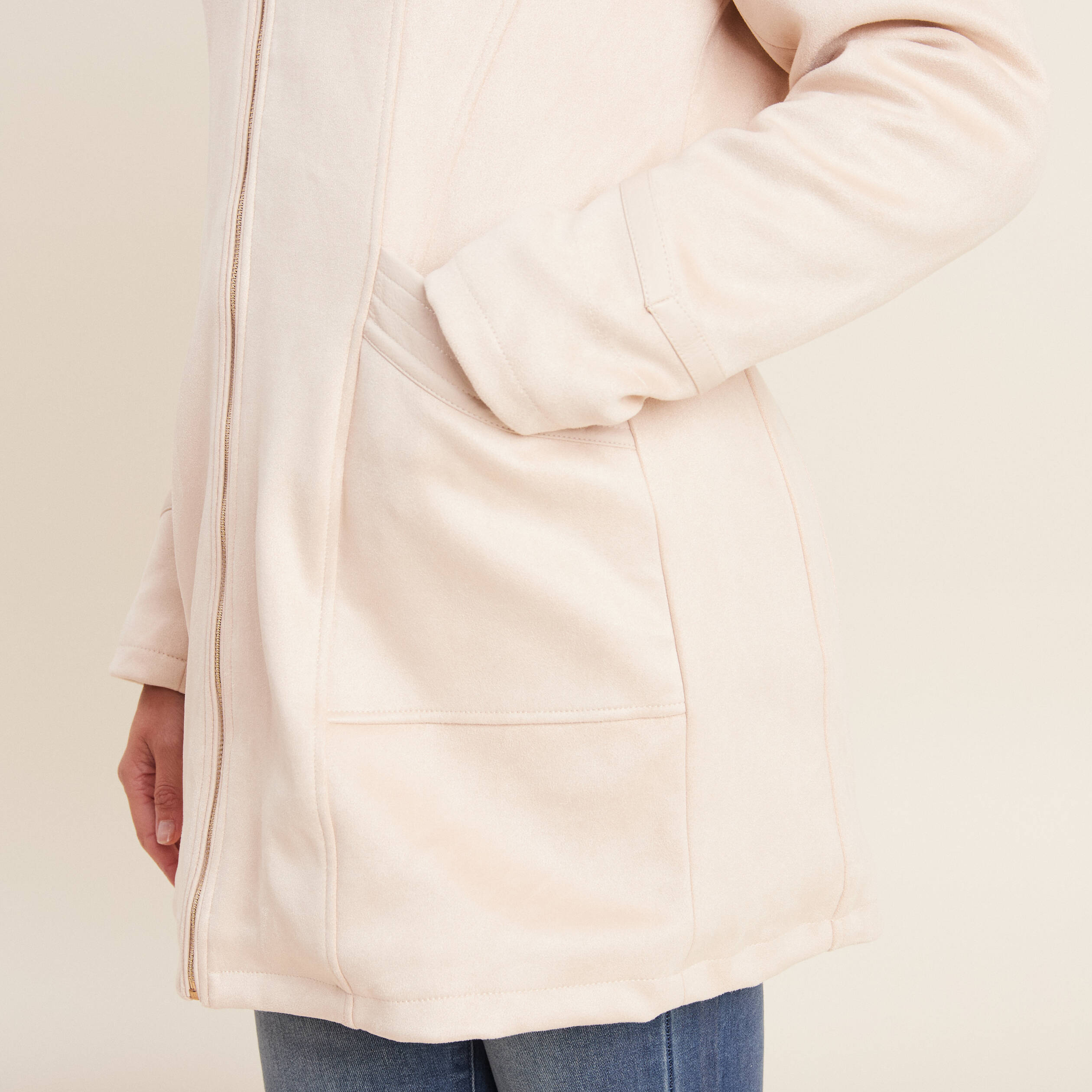 Manteau su&eacute;dine &agrave; capuche creme femme