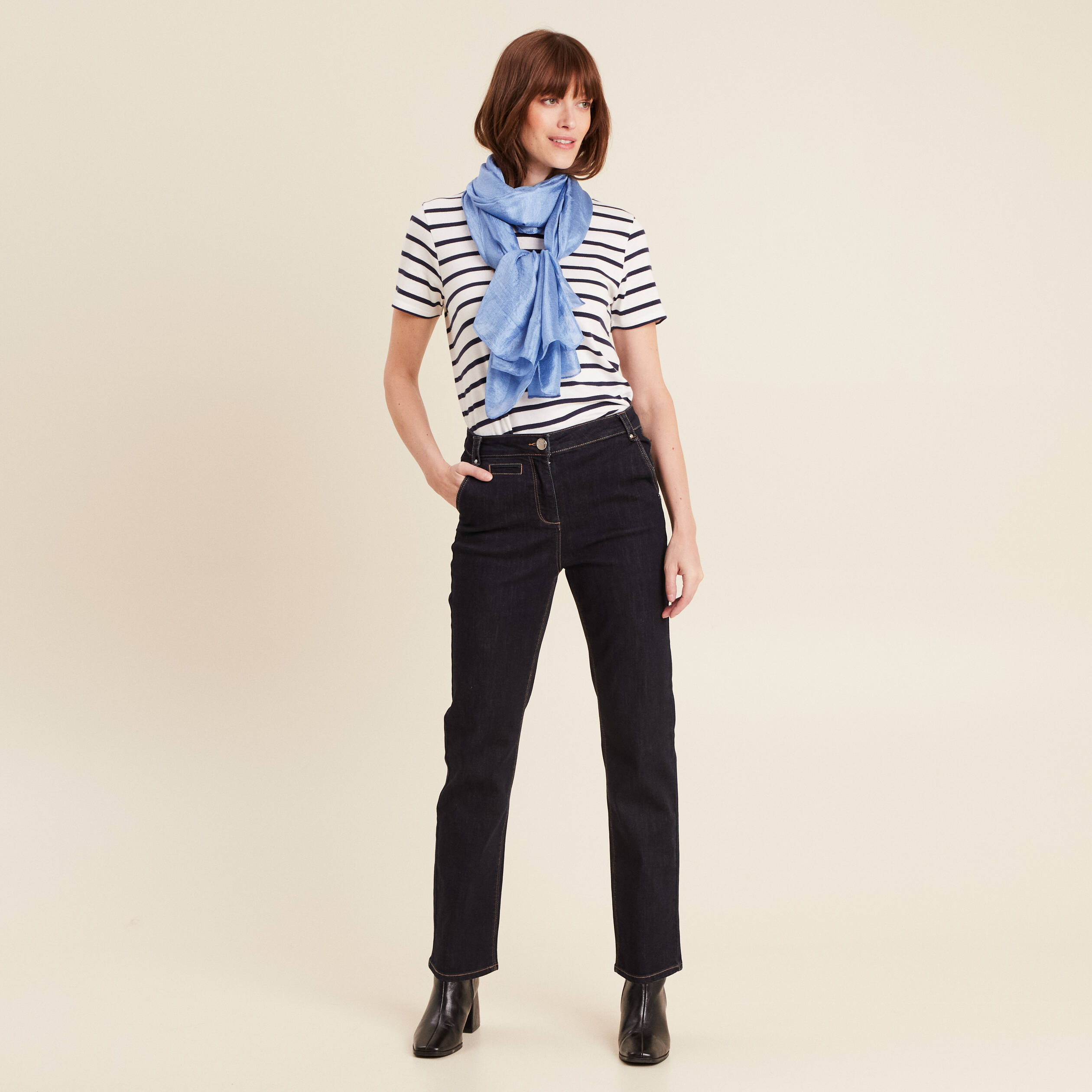 Jean droit taille haute long denim brut femme