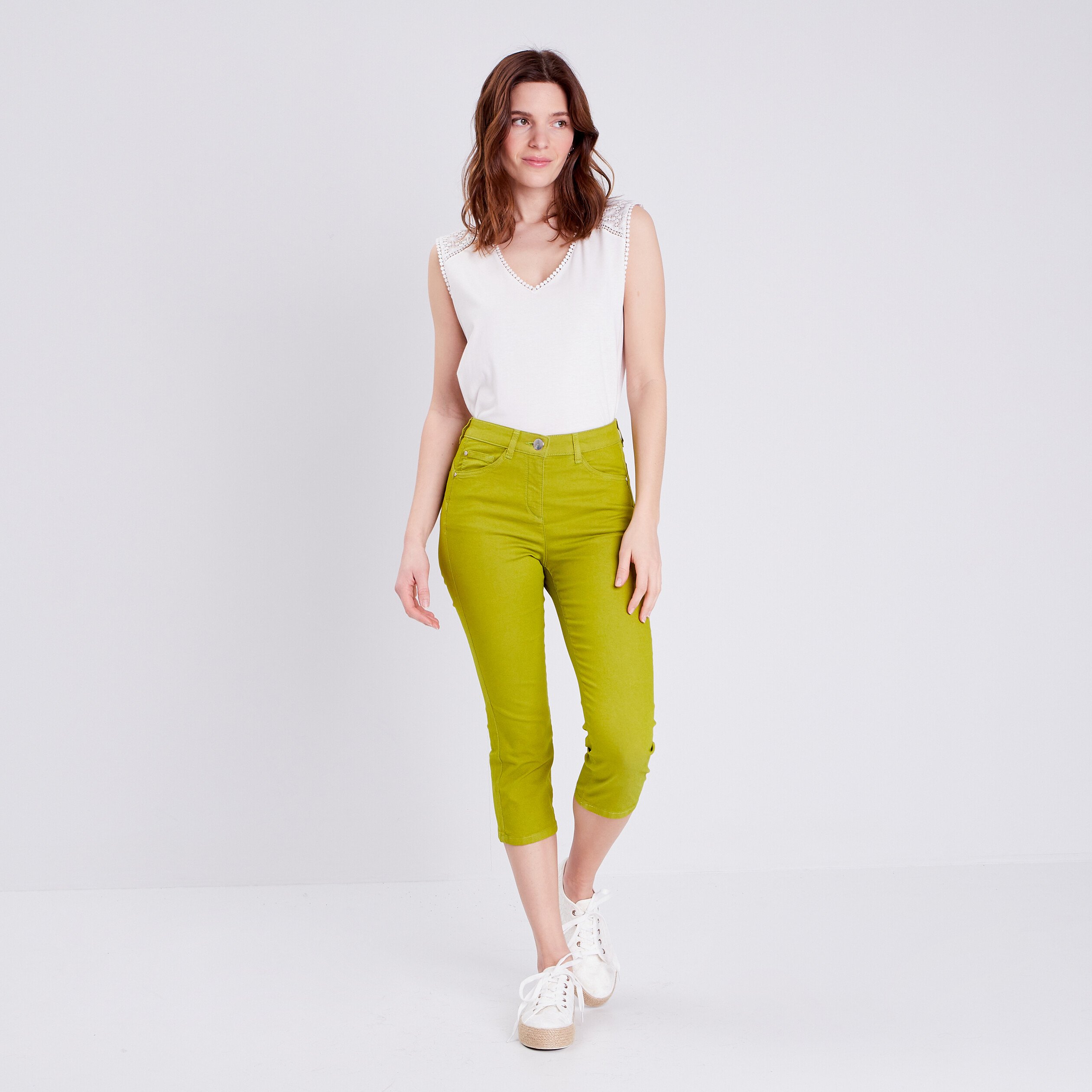 pantacourt droit taille standard vert olive femme Pantacourt droit taille standard vert olive femme