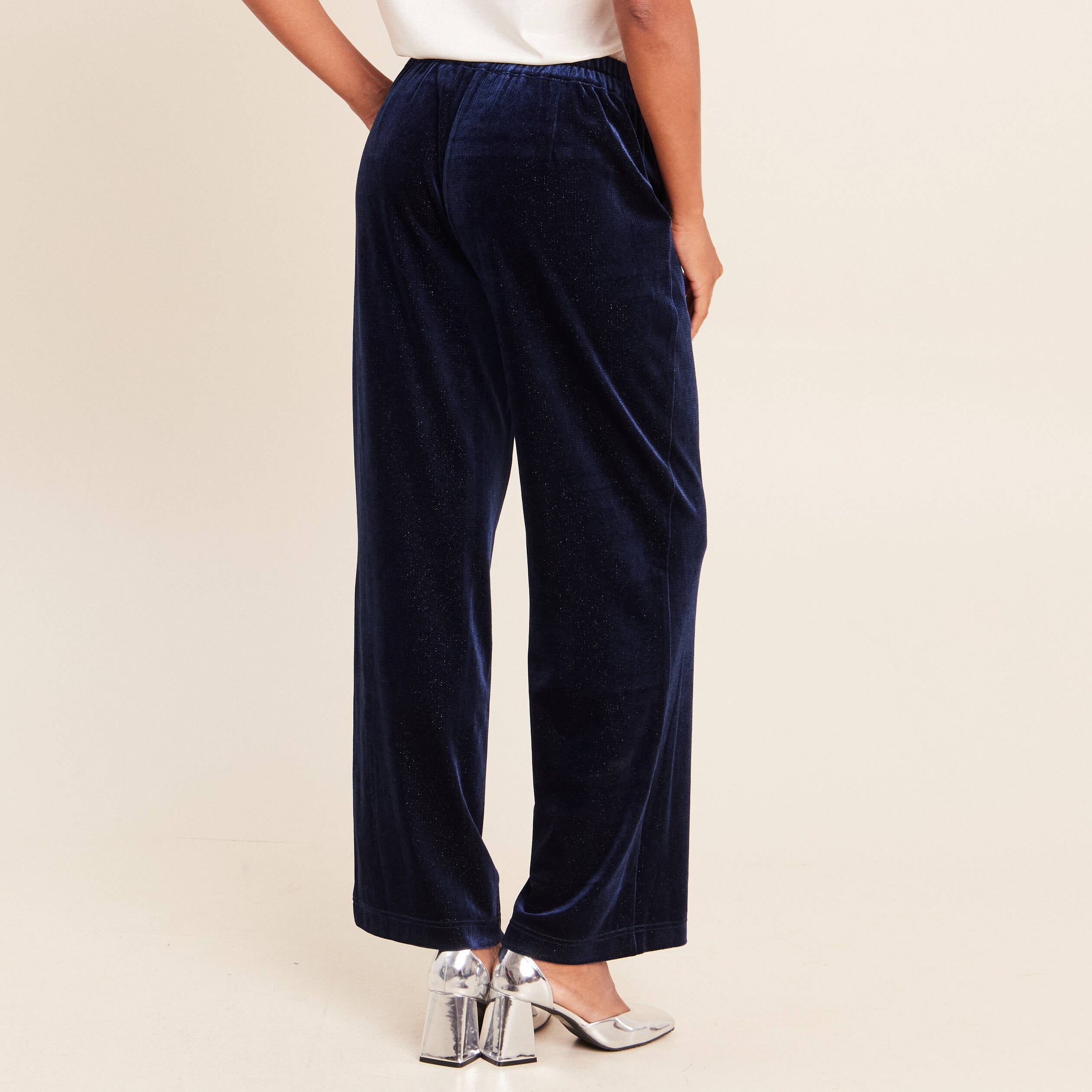 Pantalon large taille haute &agrave; paillettes bleu fonc&eacute; femme