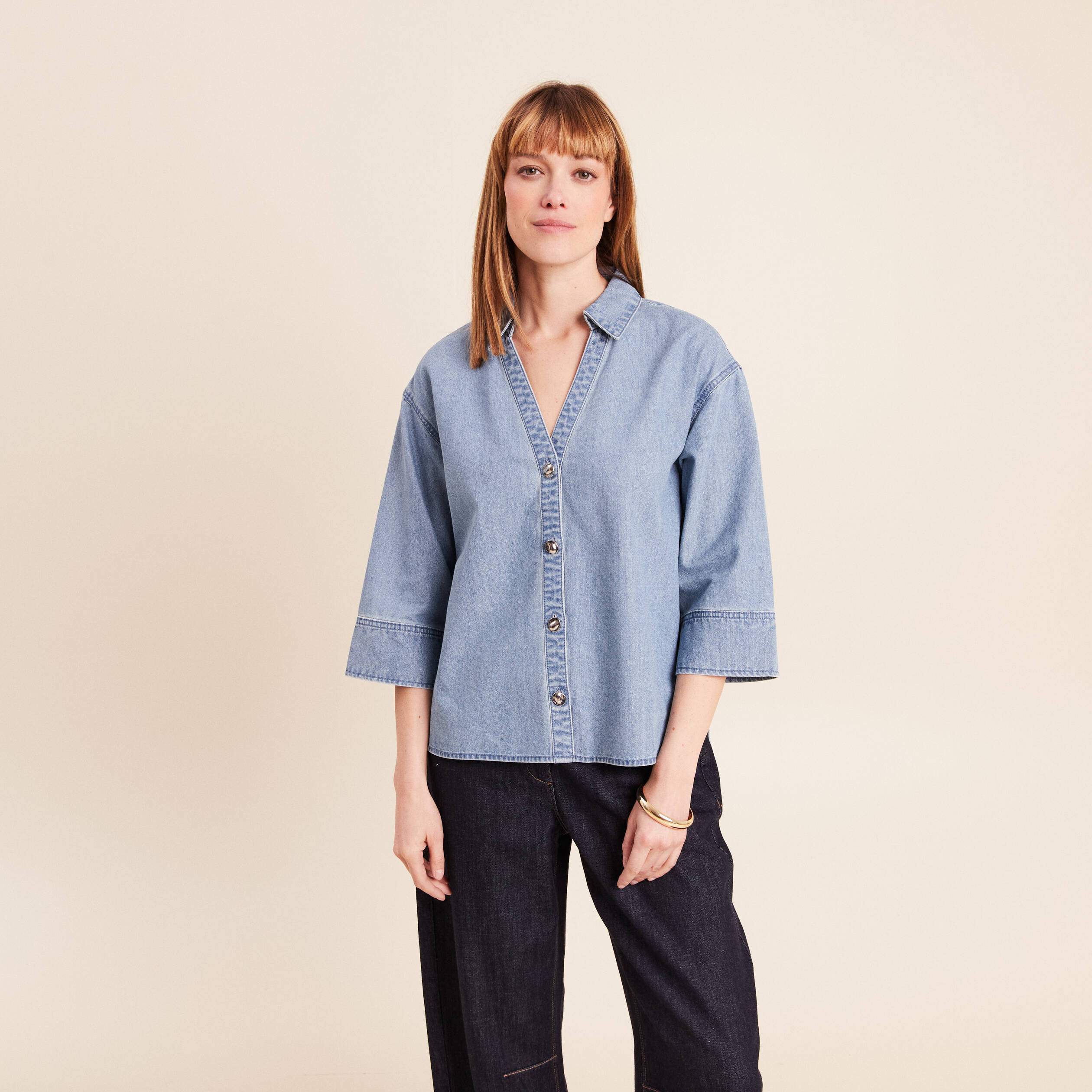 Chemise ample manches 3/4 col chemise denim double stone femme