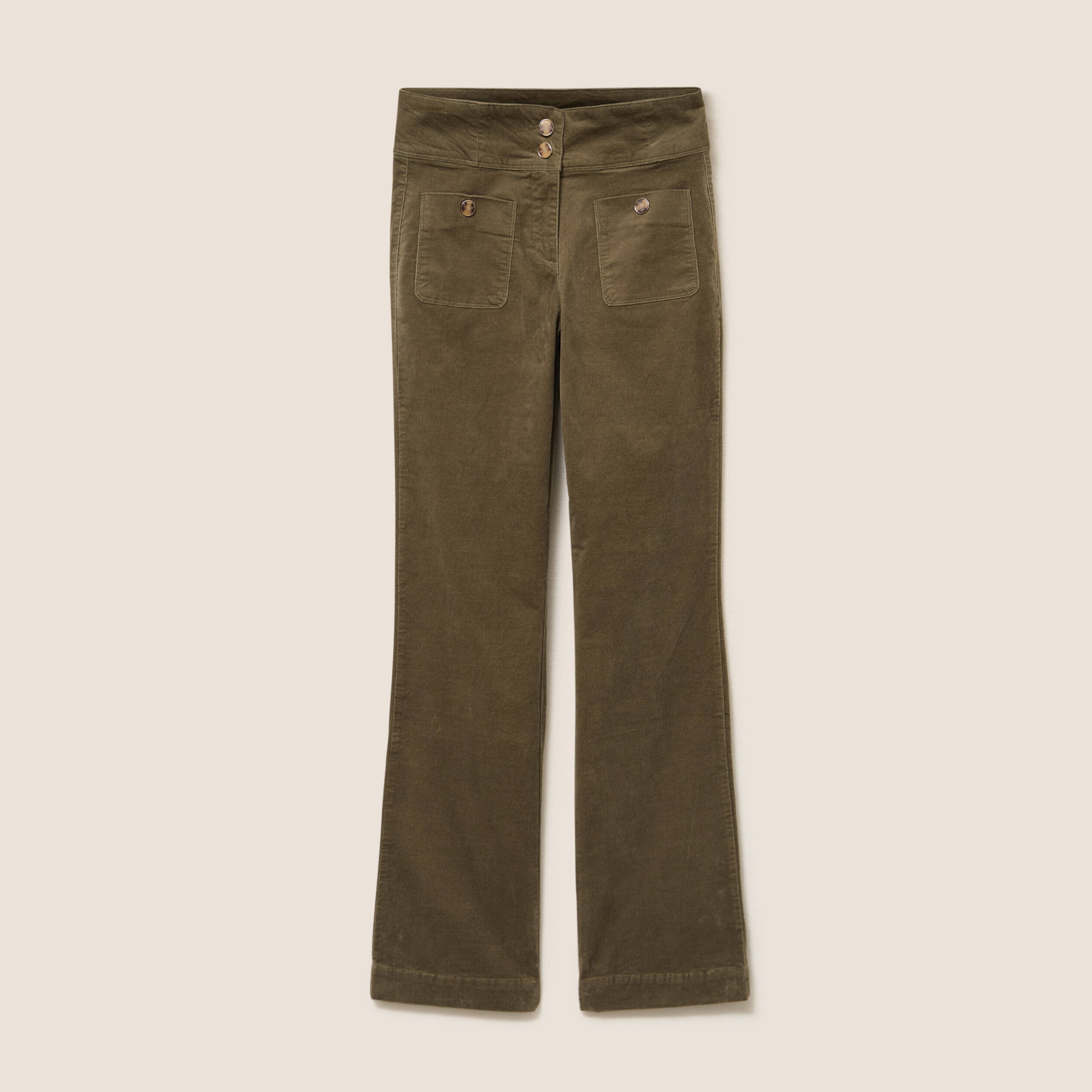 Pantalon bootcut taille haute velours vert kaki femme