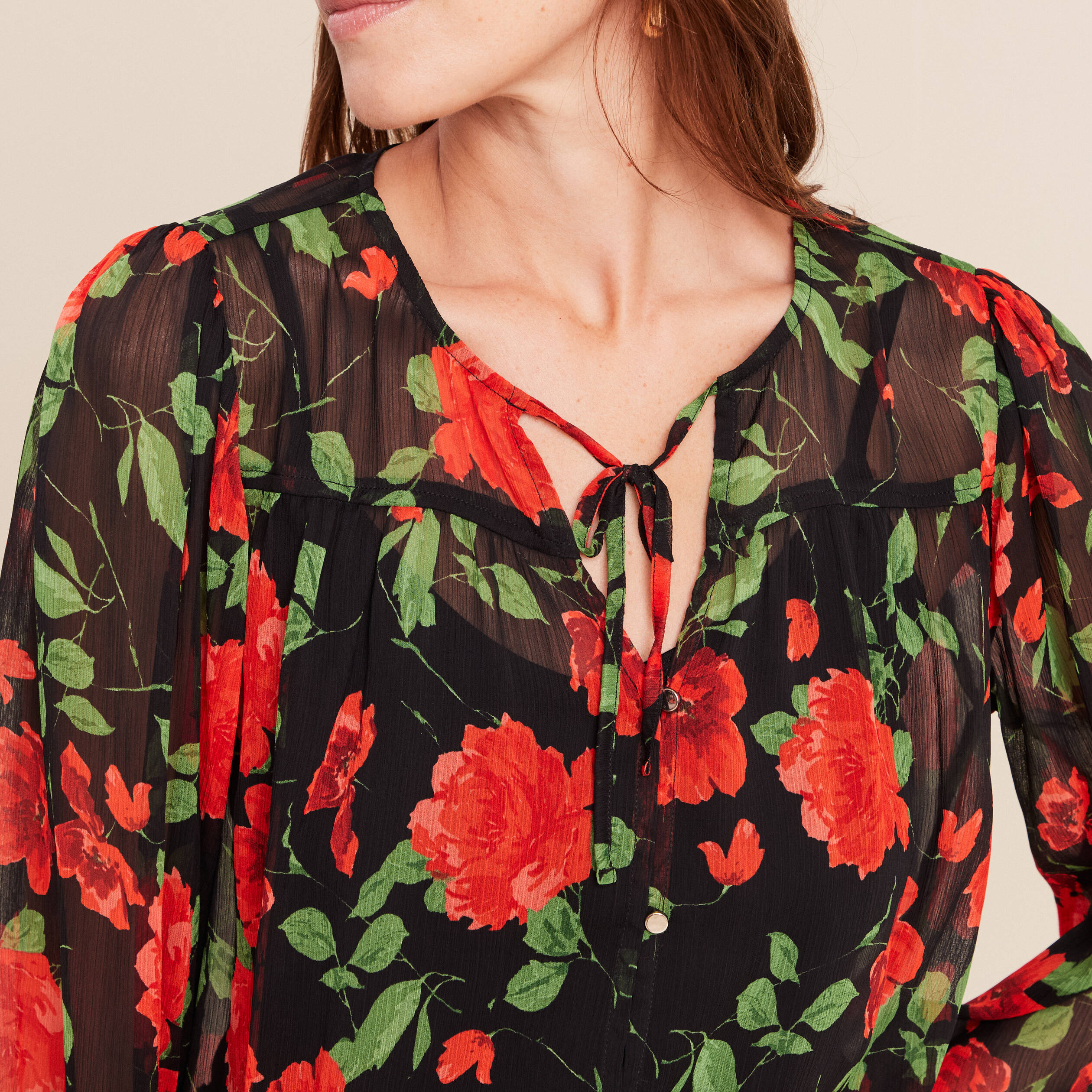 Blouse ample en voile col rond rouge femme