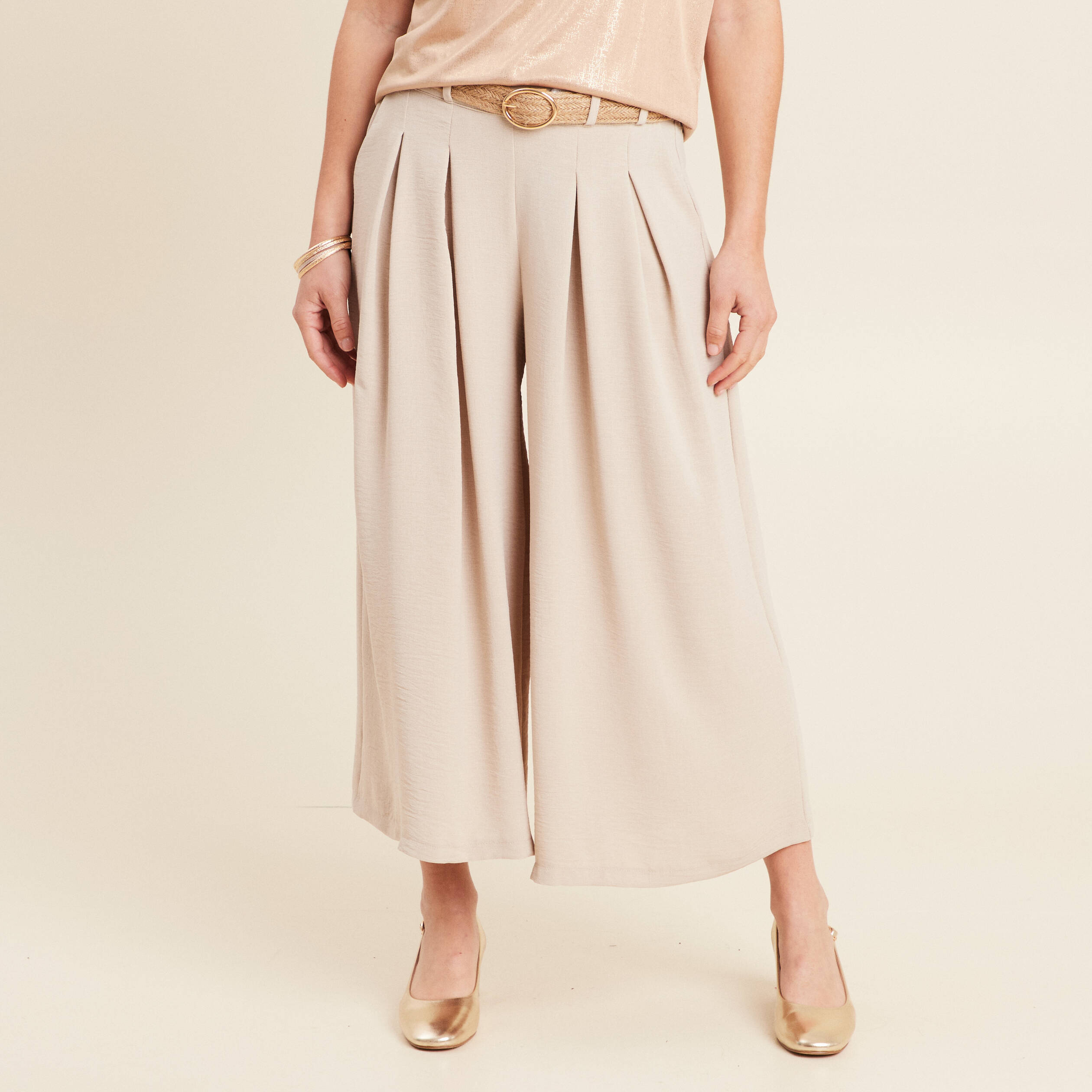 Pantalon jupe-culotte large gris clair femme