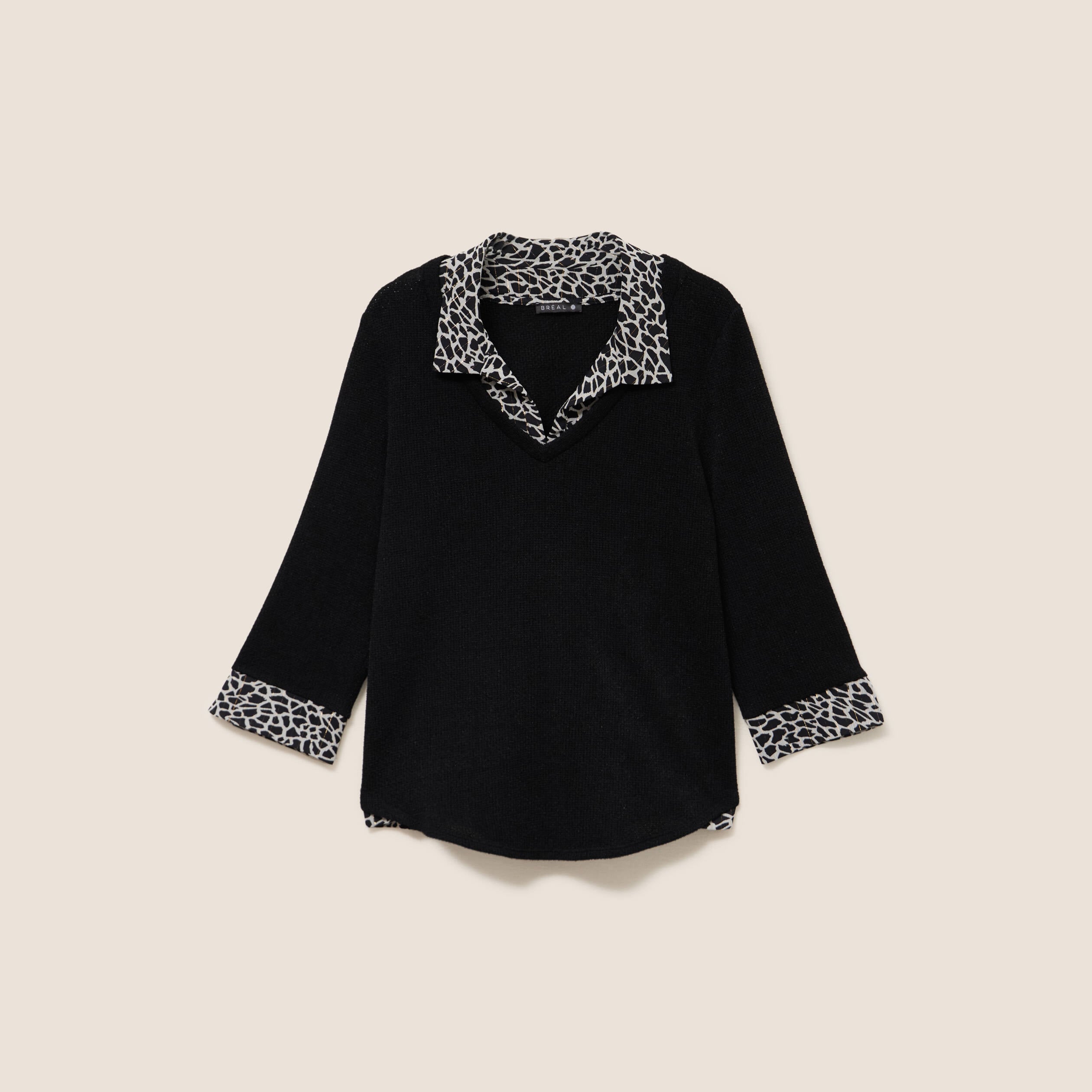 T-shirt col chemise manches 3/4 noir femme