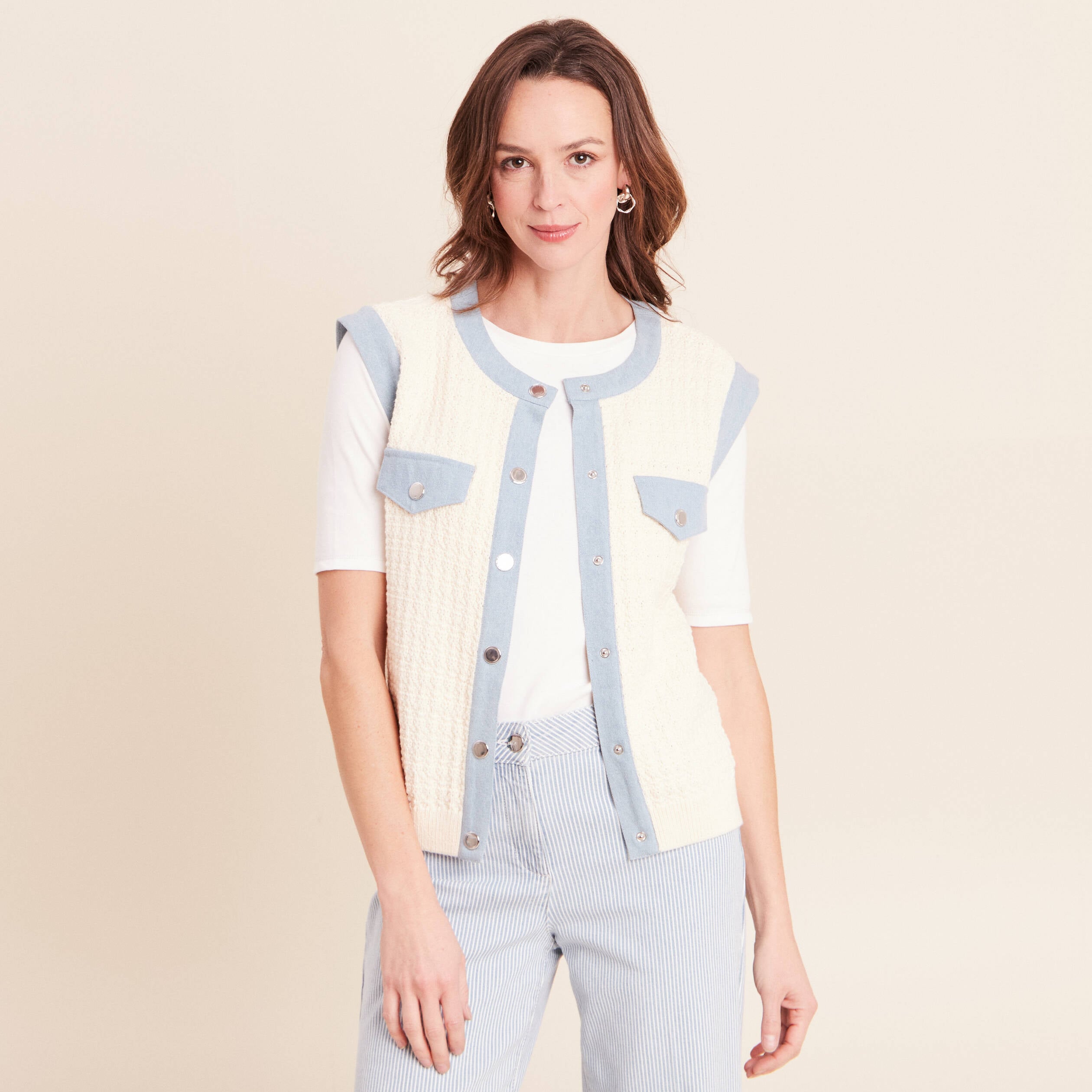 Gilet sans manches col rond ecru femme