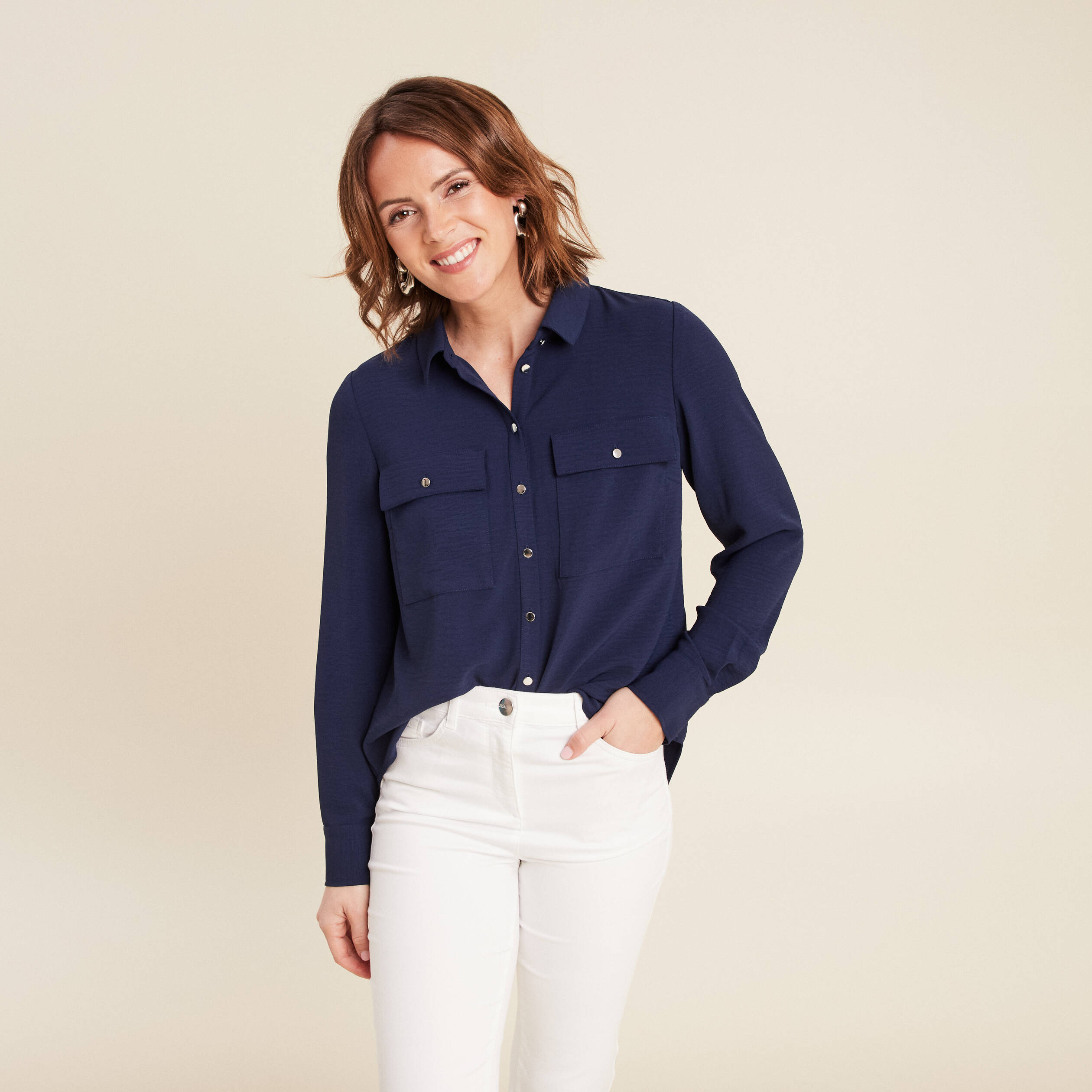 Chemise manches longues bleu marine femme