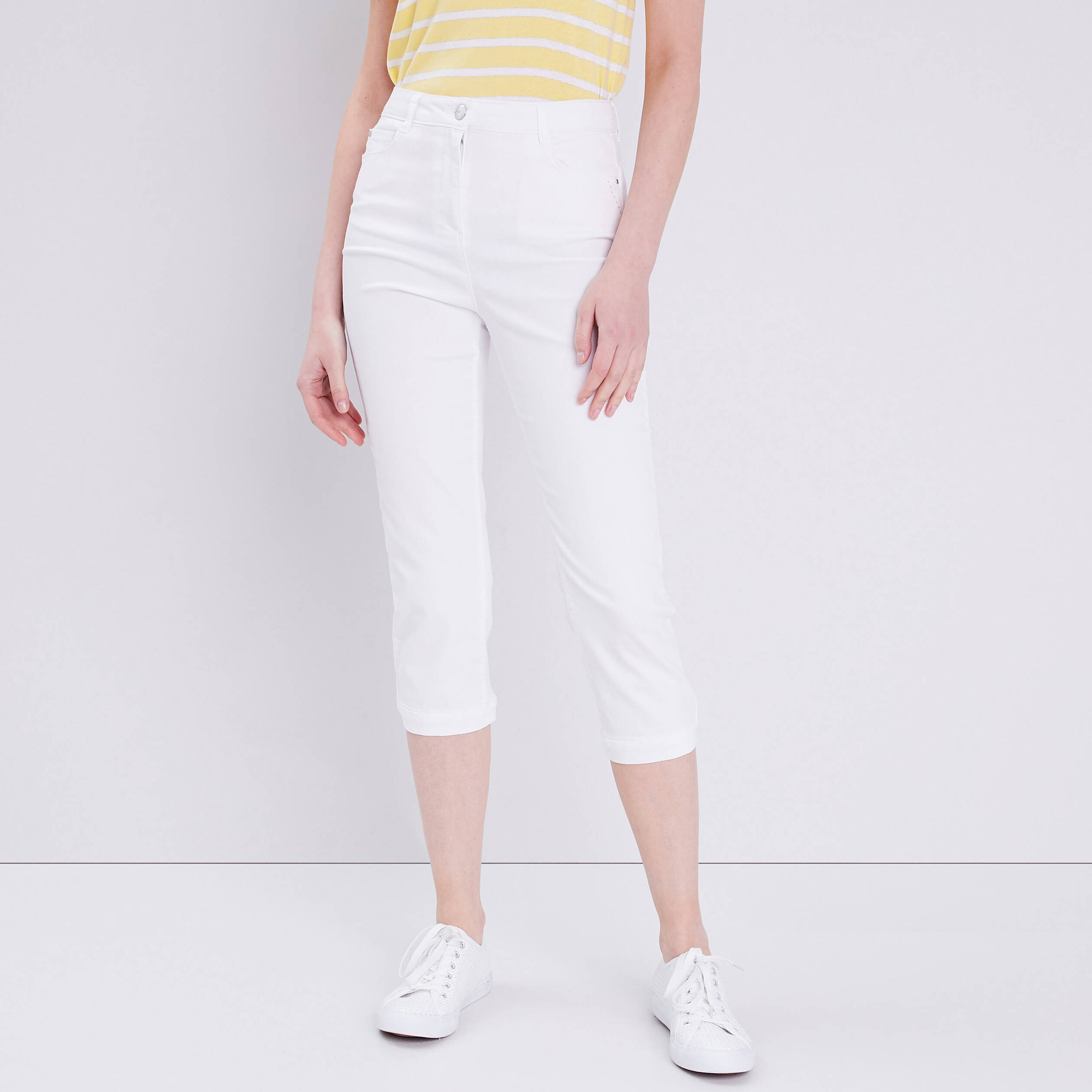 Pantacourt droit taille haute blanc femme