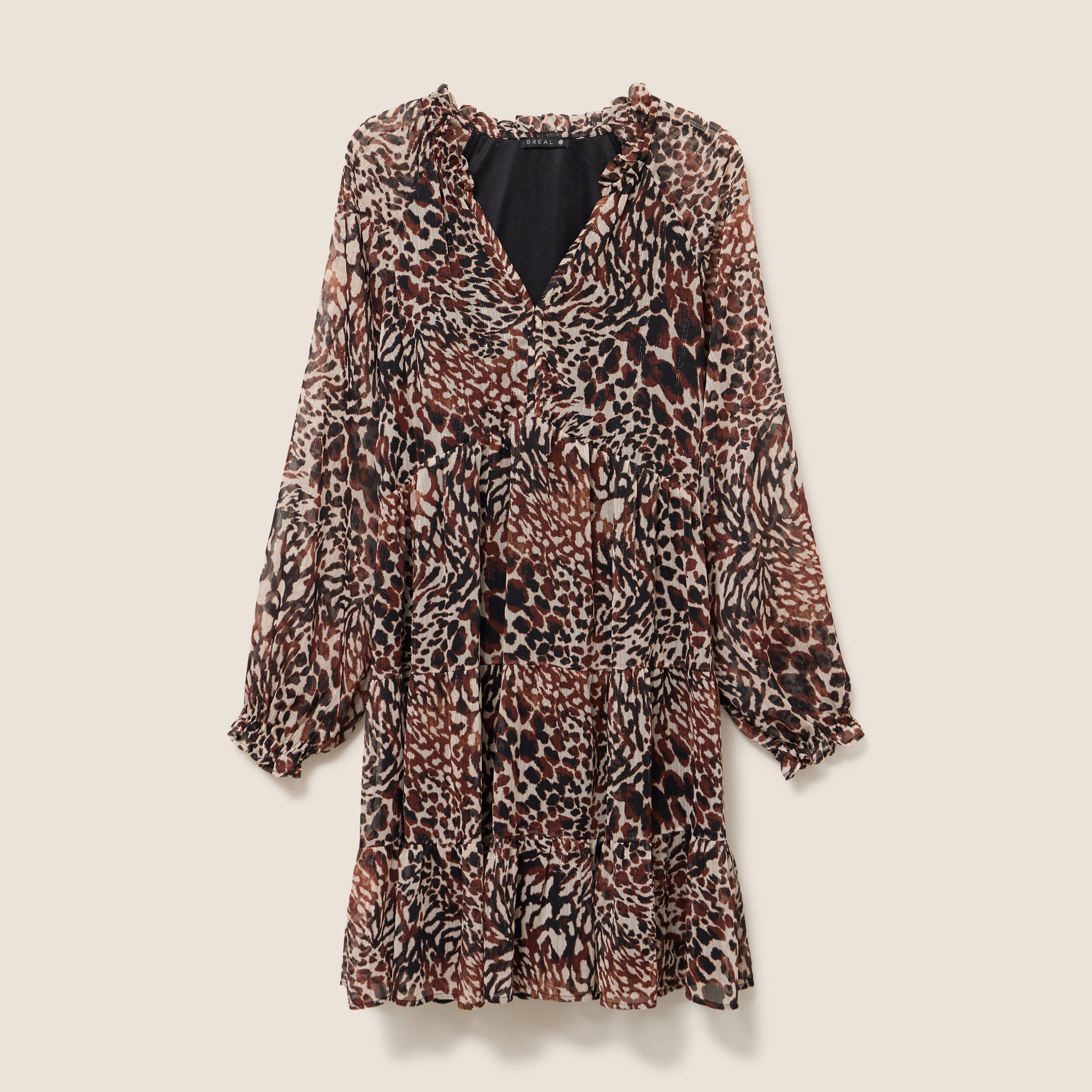 Robe courte &eacute;vas&eacute;e col v manches longues marron femme
