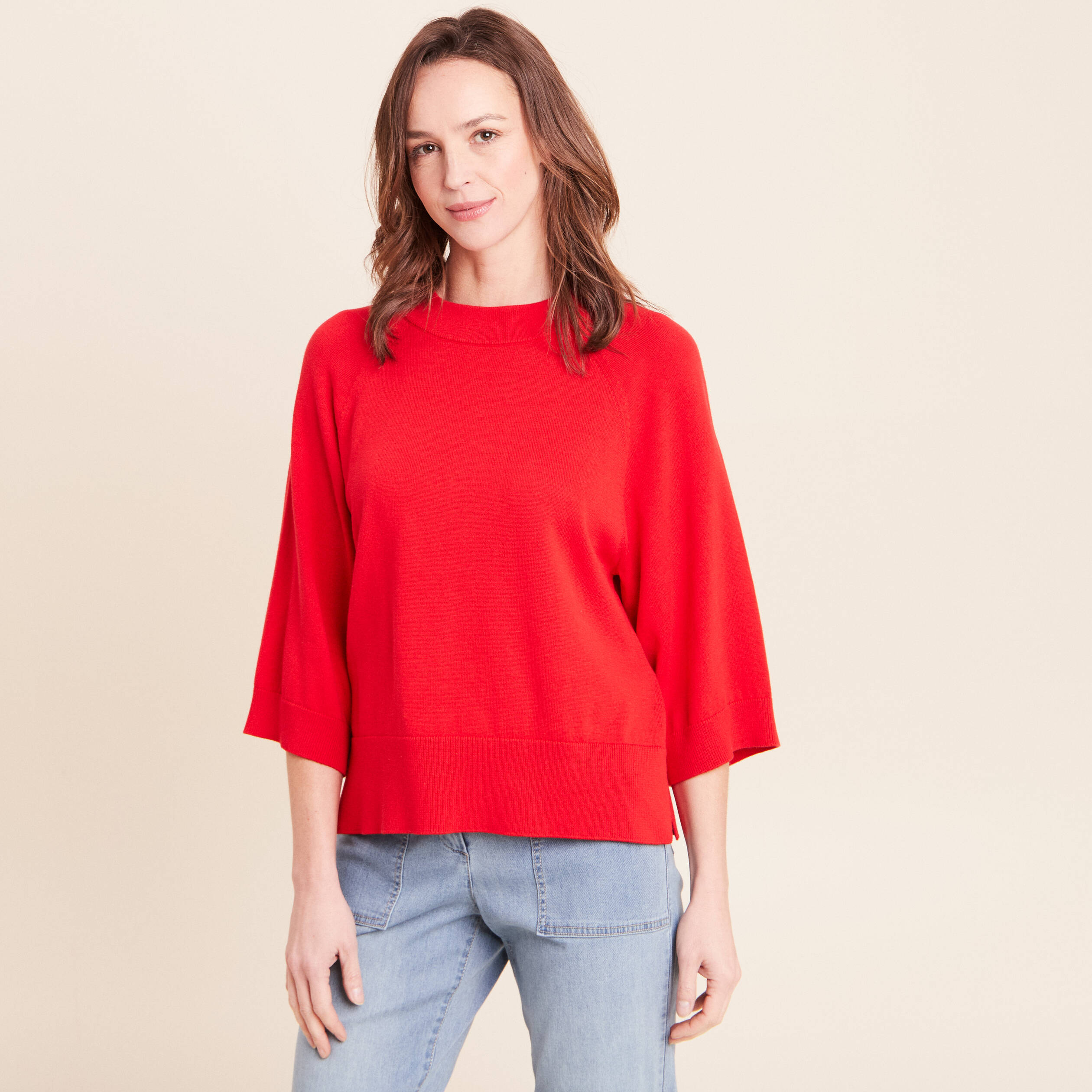 Pull fin col rond manches coudes rouge fluo femme