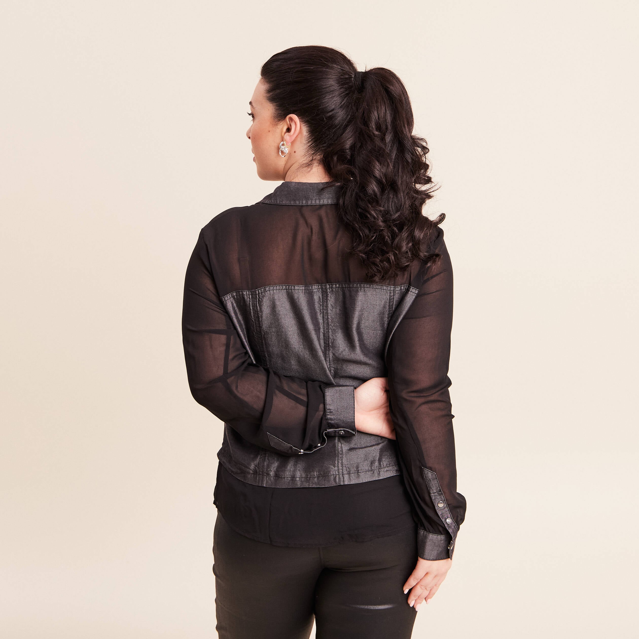 Chemise bi-mati&egrave;re manches longues denim gris femme