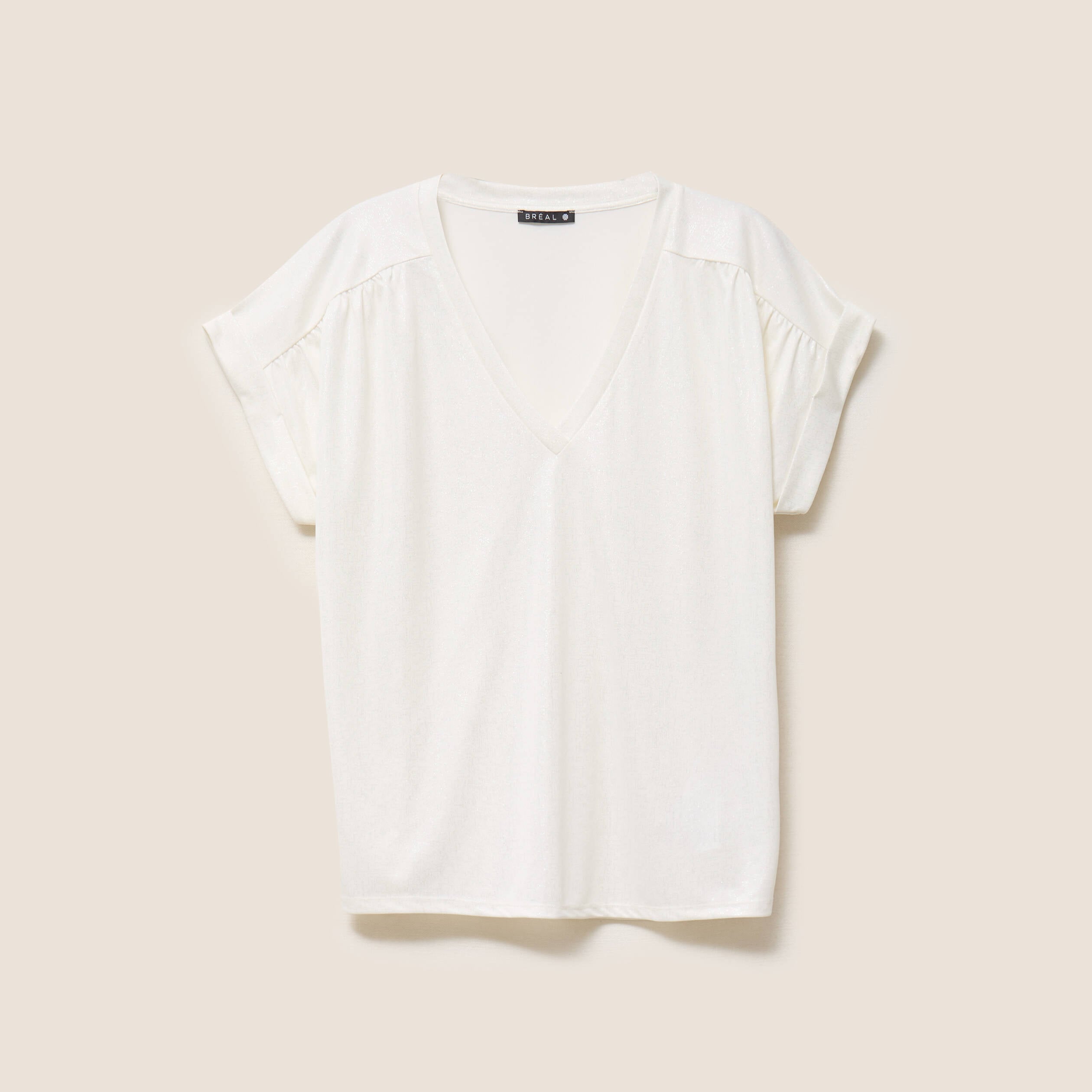 T-shirt col v manches courtes brillant ecru femme