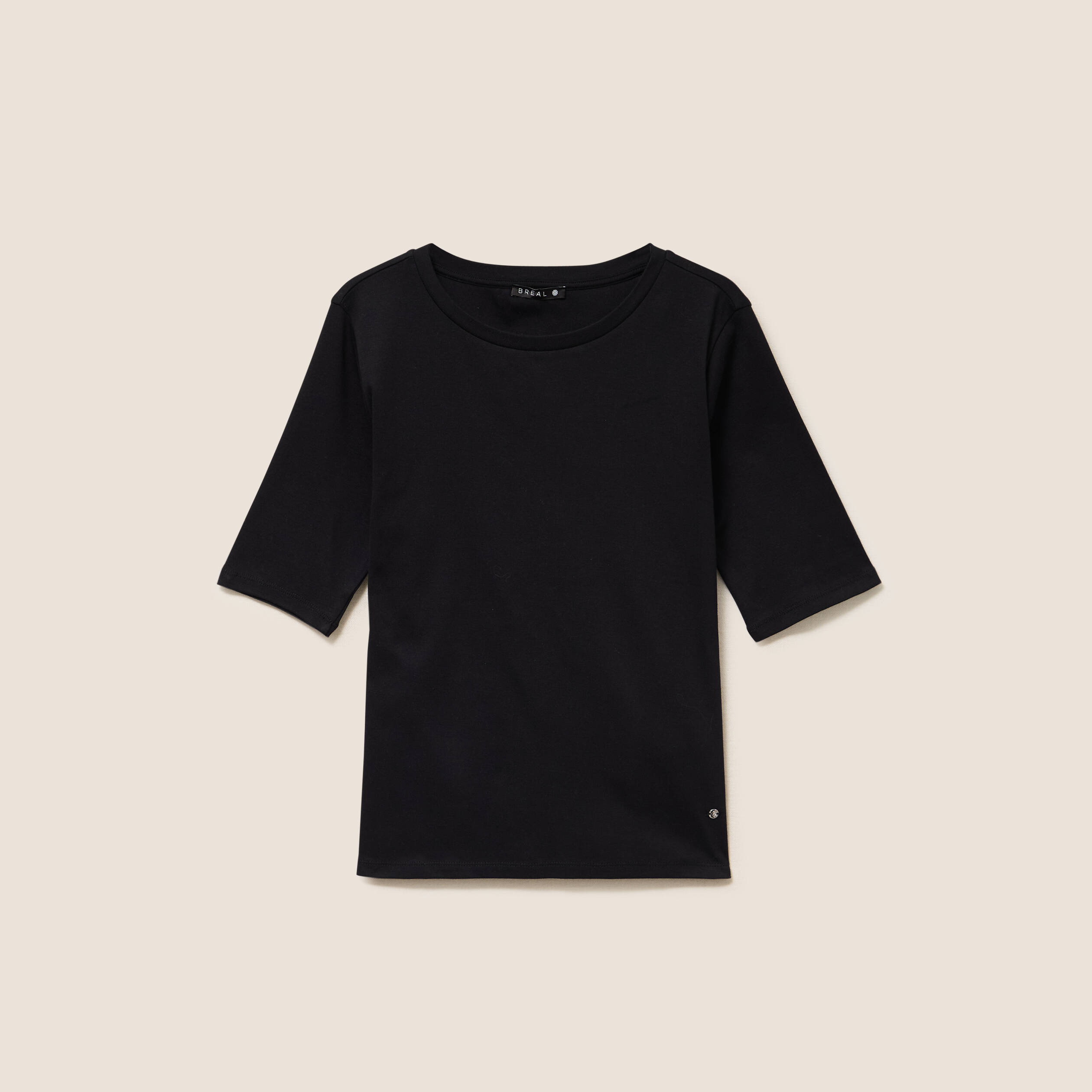 T-shirt ajust&eacute; col rond manches coudes noir femme