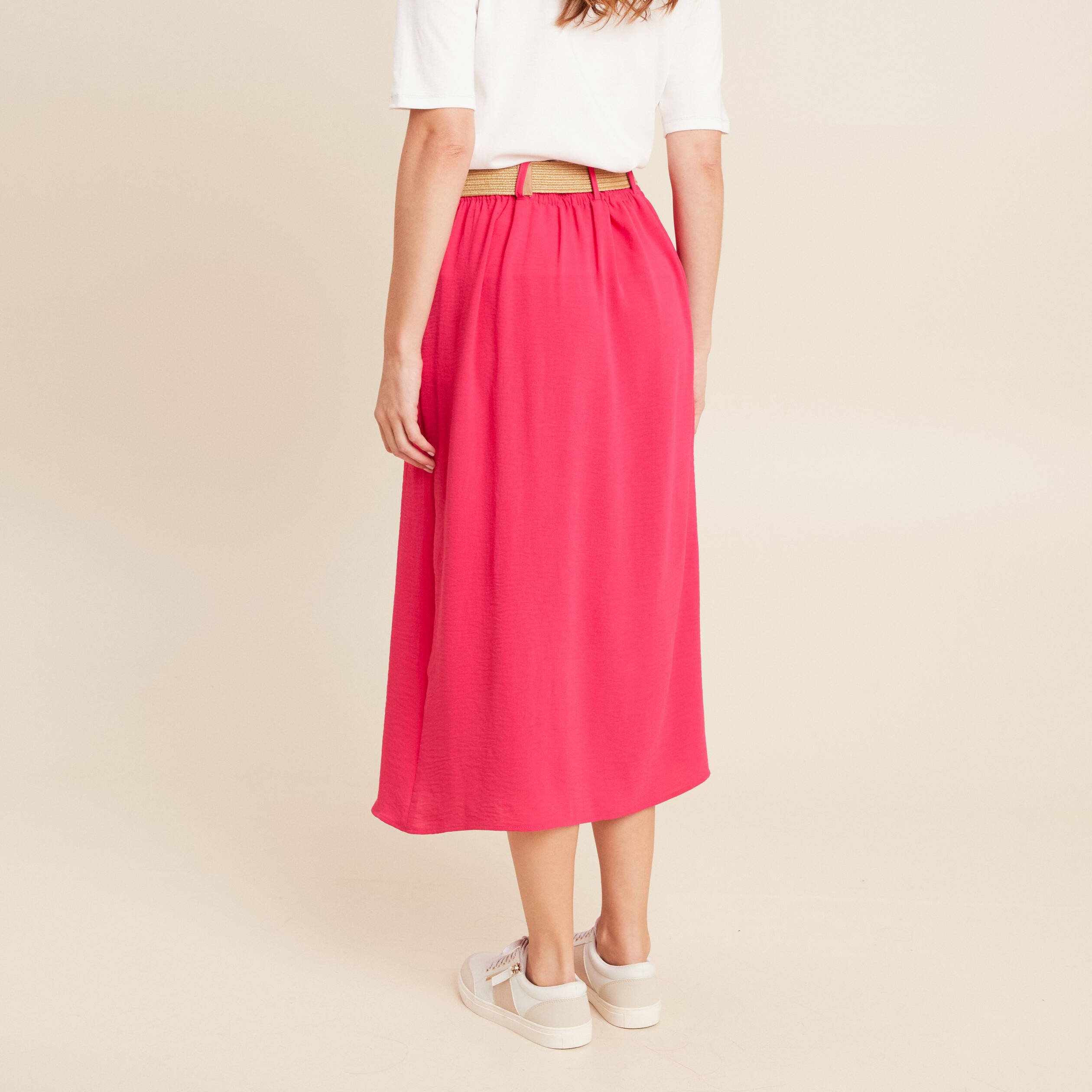 jupe longue evasee ceinturee rouge corail femme Jupe longue évasée ceinturée rouge corail femme