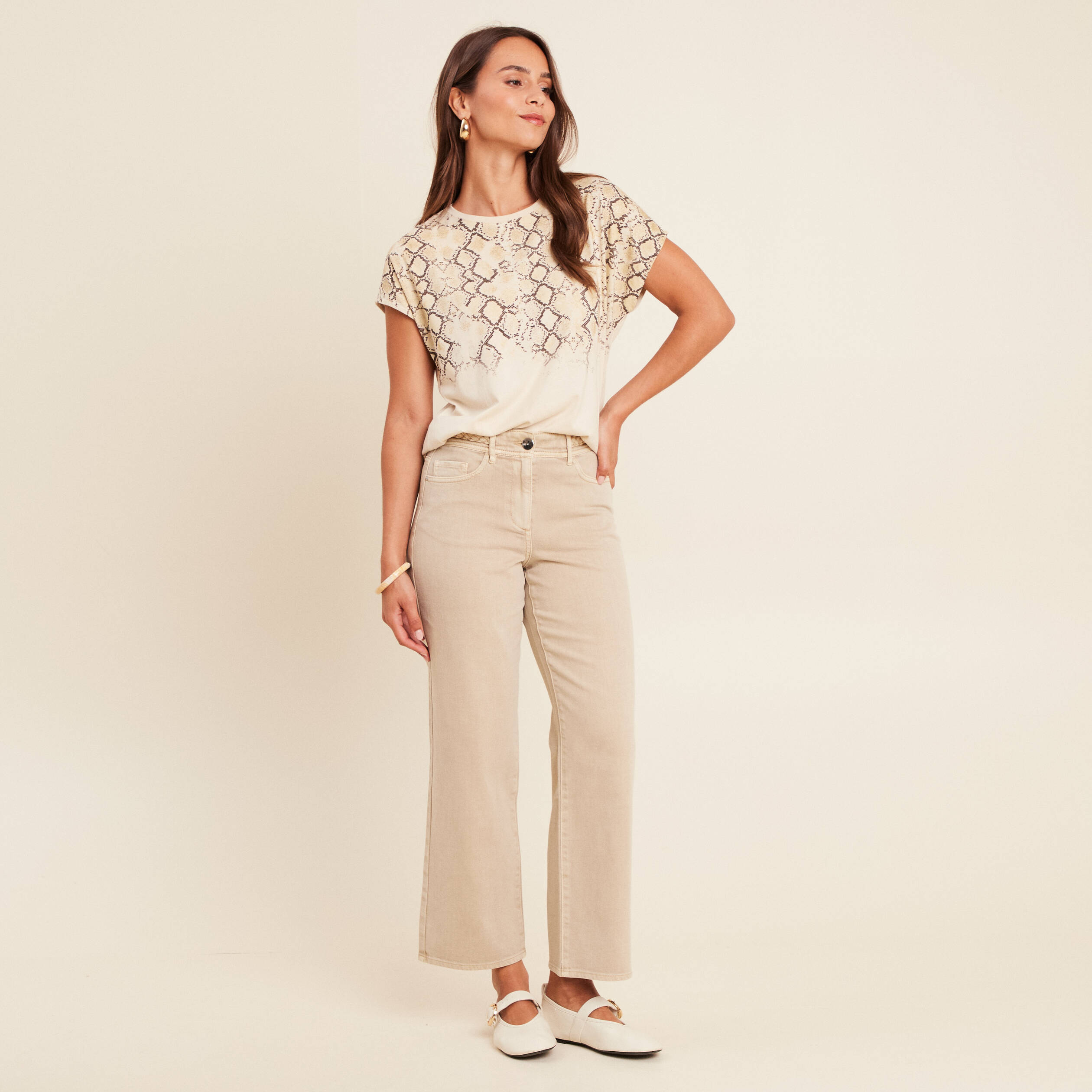 t shirt col rond manches courtes beige femme T-shirt col rond manches courtes beige femme