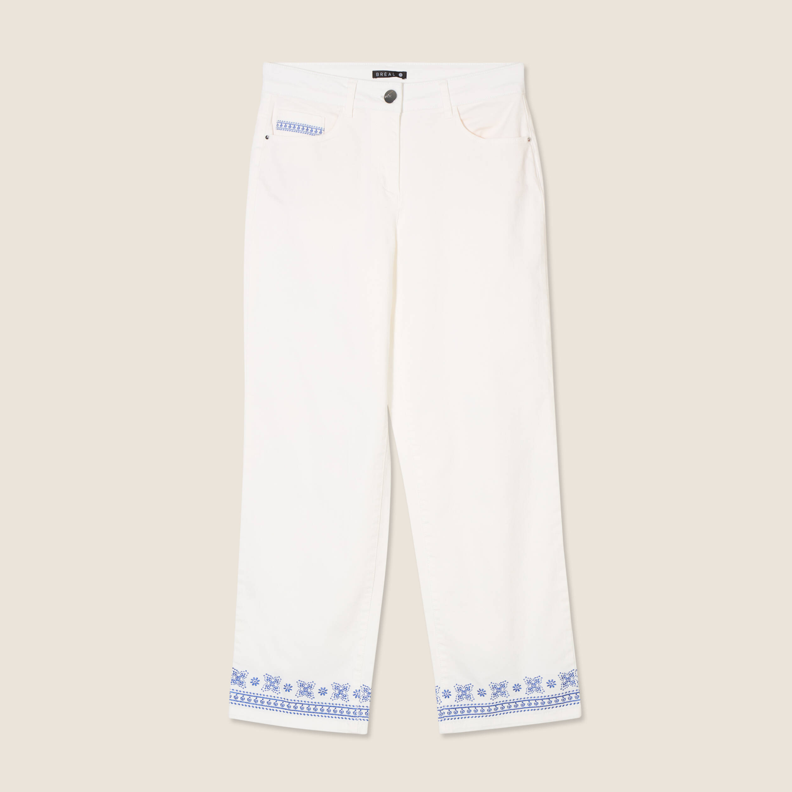 Jean droit brod&eacute; blanc femme
