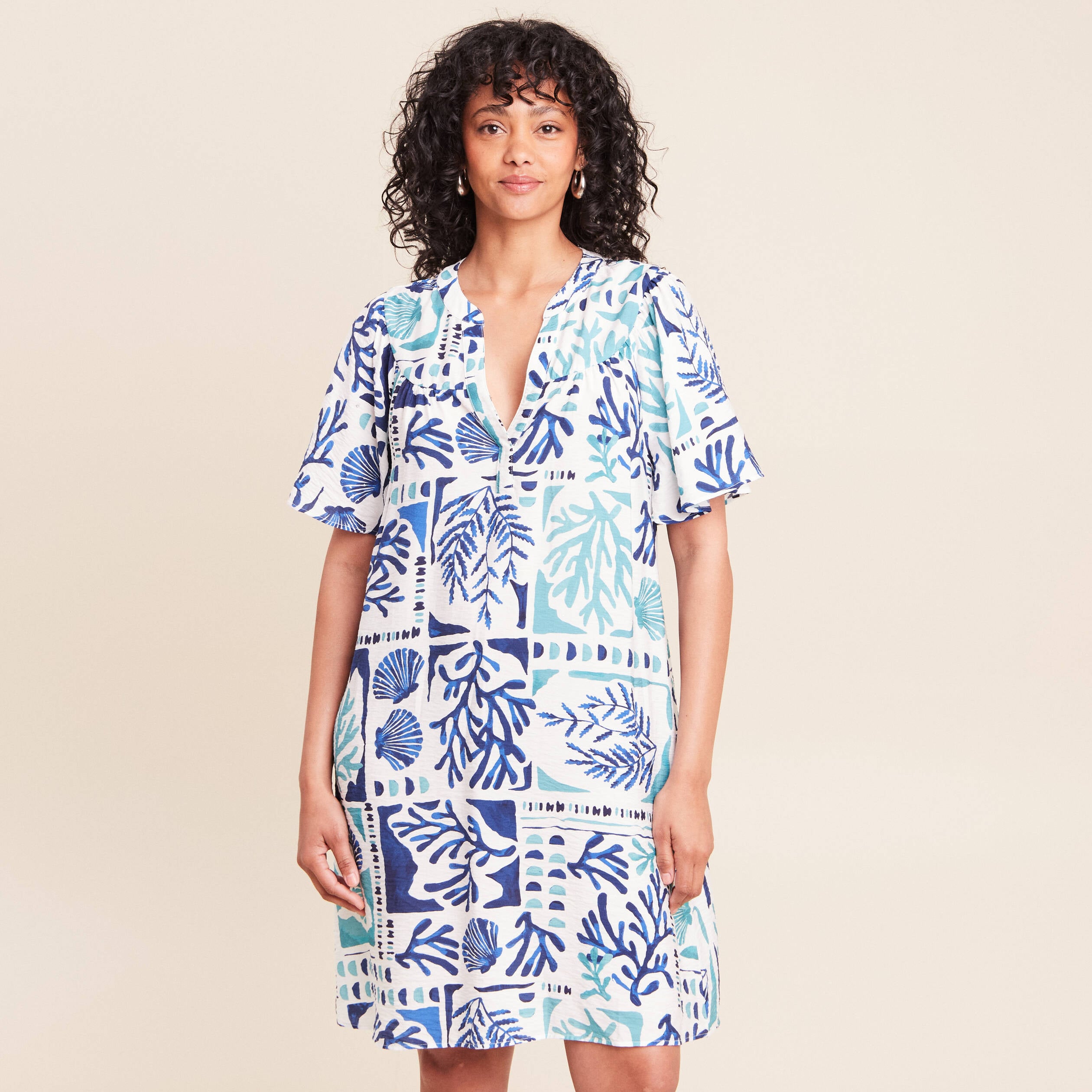 Robe droite courte col tunisien bleu femme