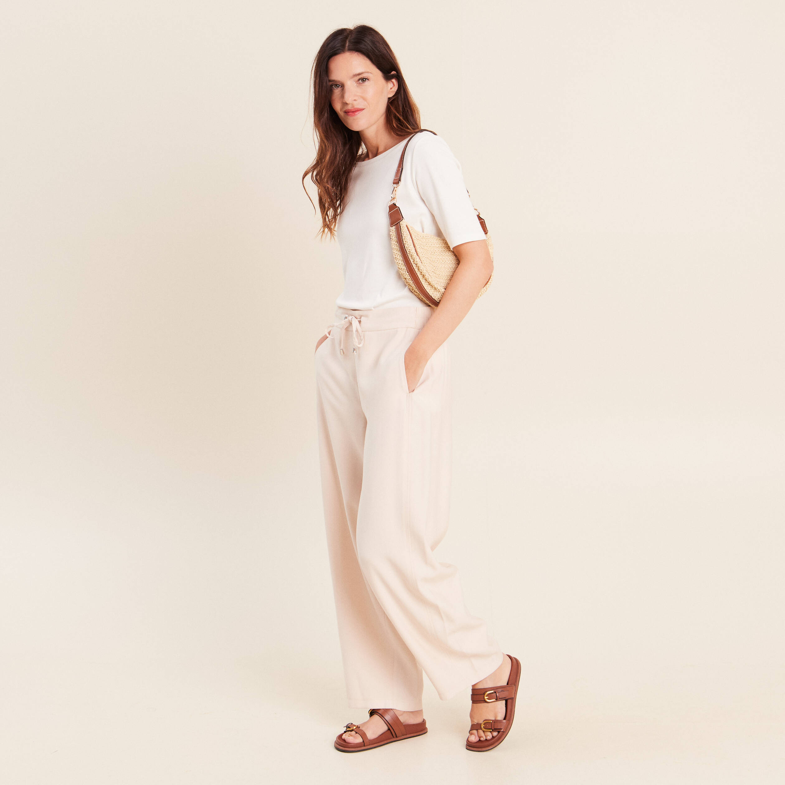 Pantalon large taille haute creme femme